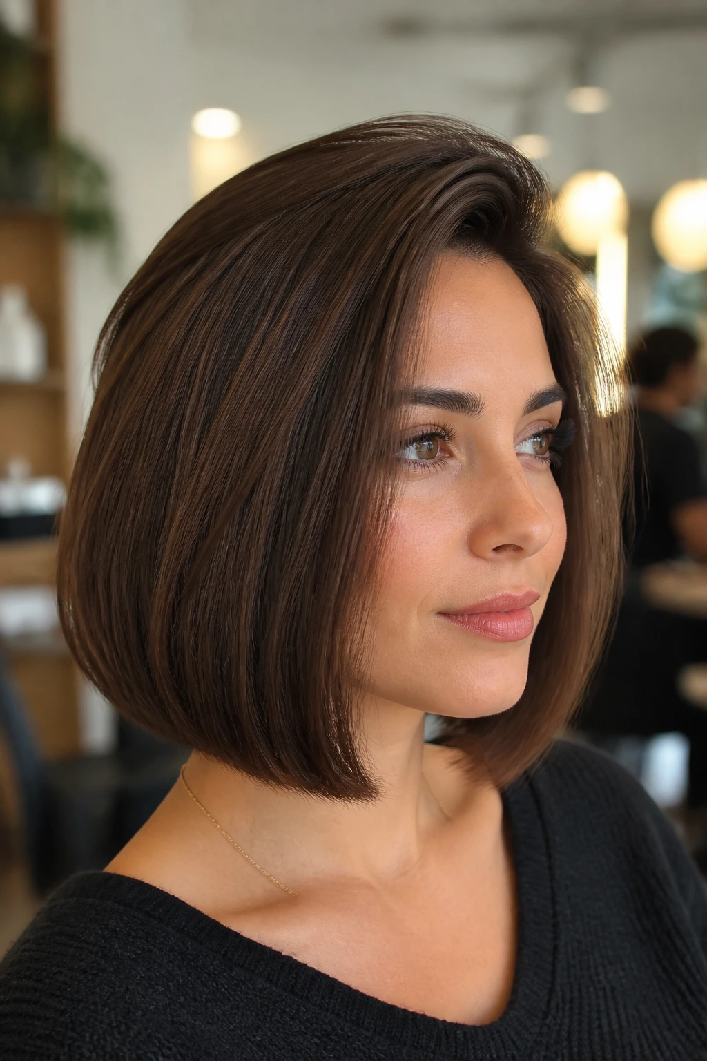 Close-up of a real woman with a blunt bob blowout in a chic salon