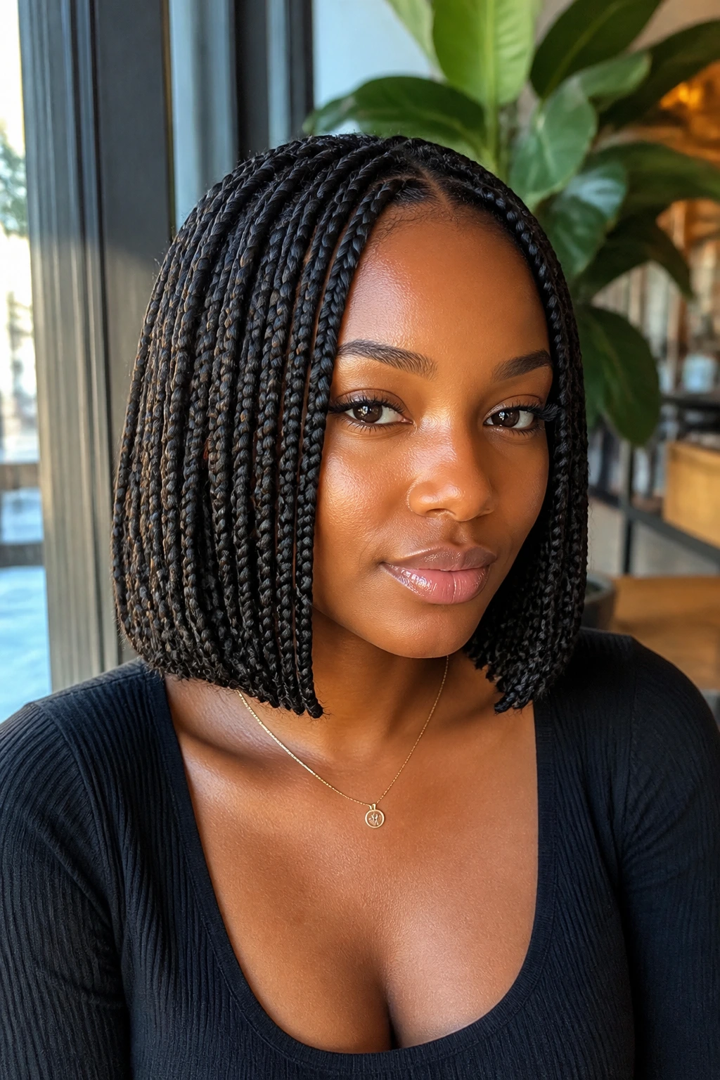 Close-up of a real woman with a blunt bob made of box braids.