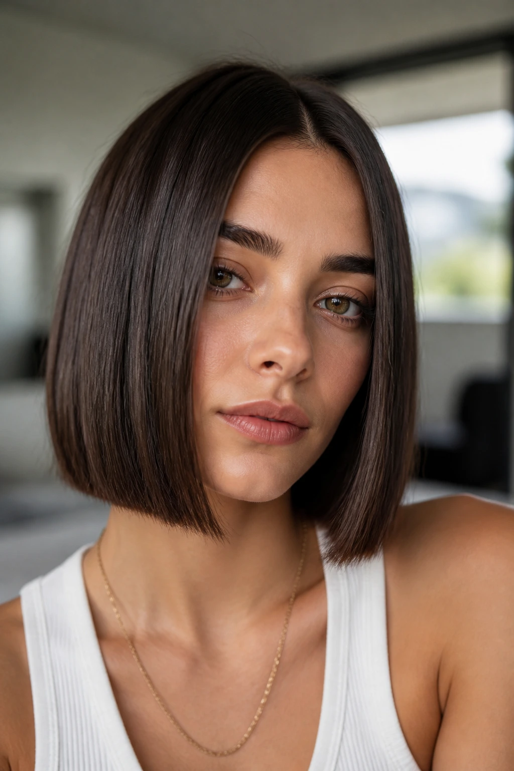 Close-up portrait of a person with a sleek blunt brunette bob and center part