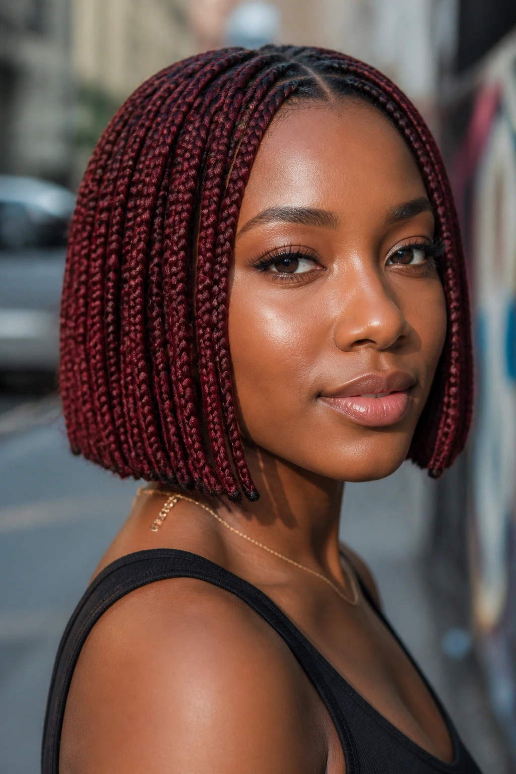 Portrait of a real woman with a blunt burgundy knotless bob indoors