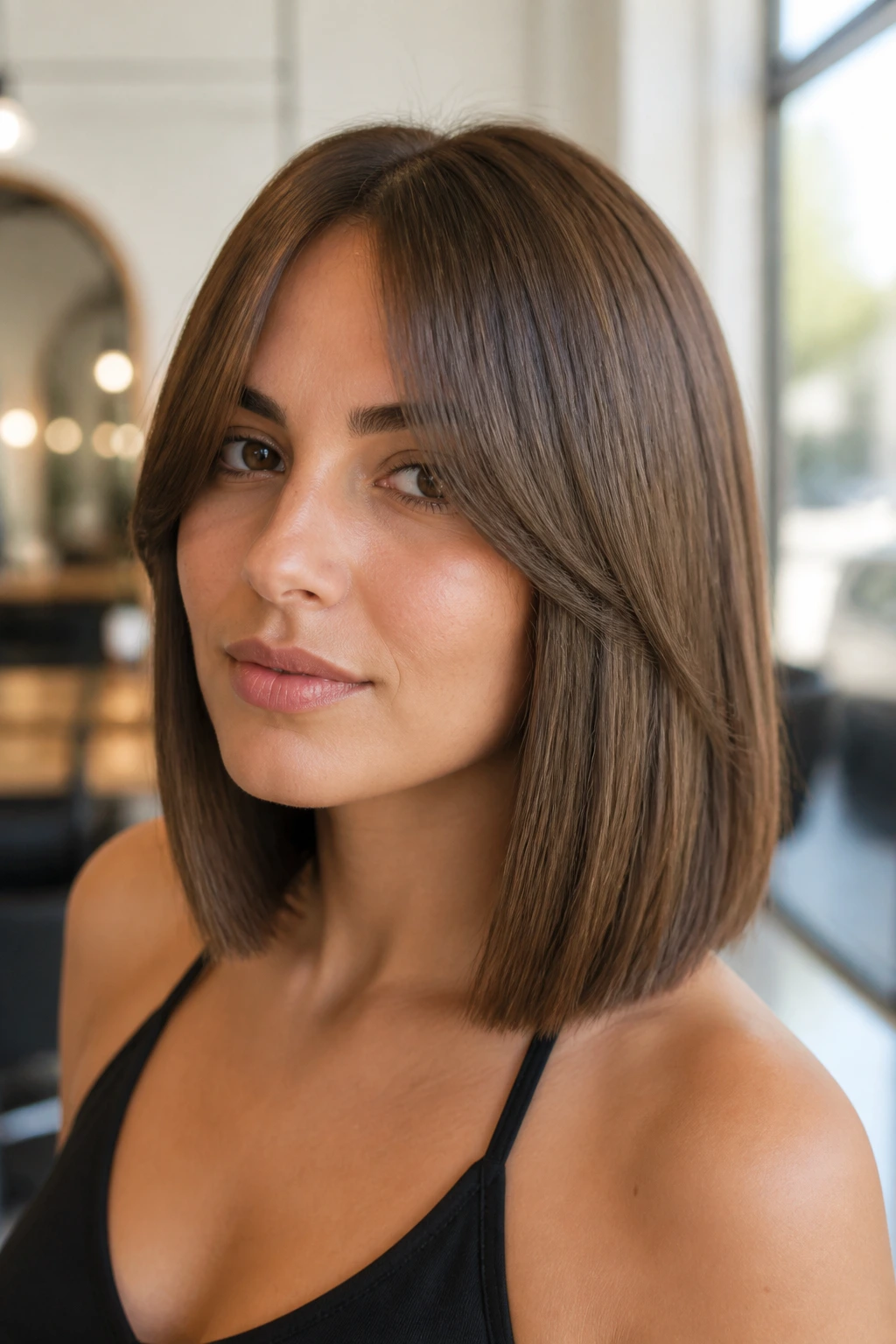 Portrait of a woman with blunt bob and center-part bangs