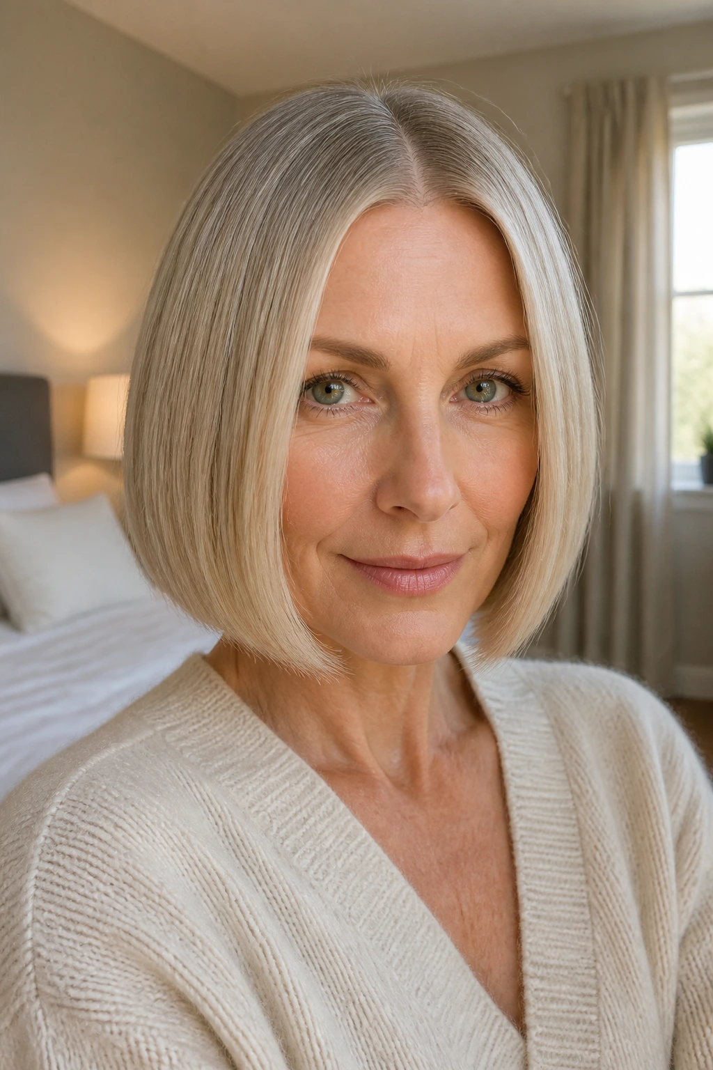 Close-up of a real woman with a blunt chin-length bob and center part in soft window light