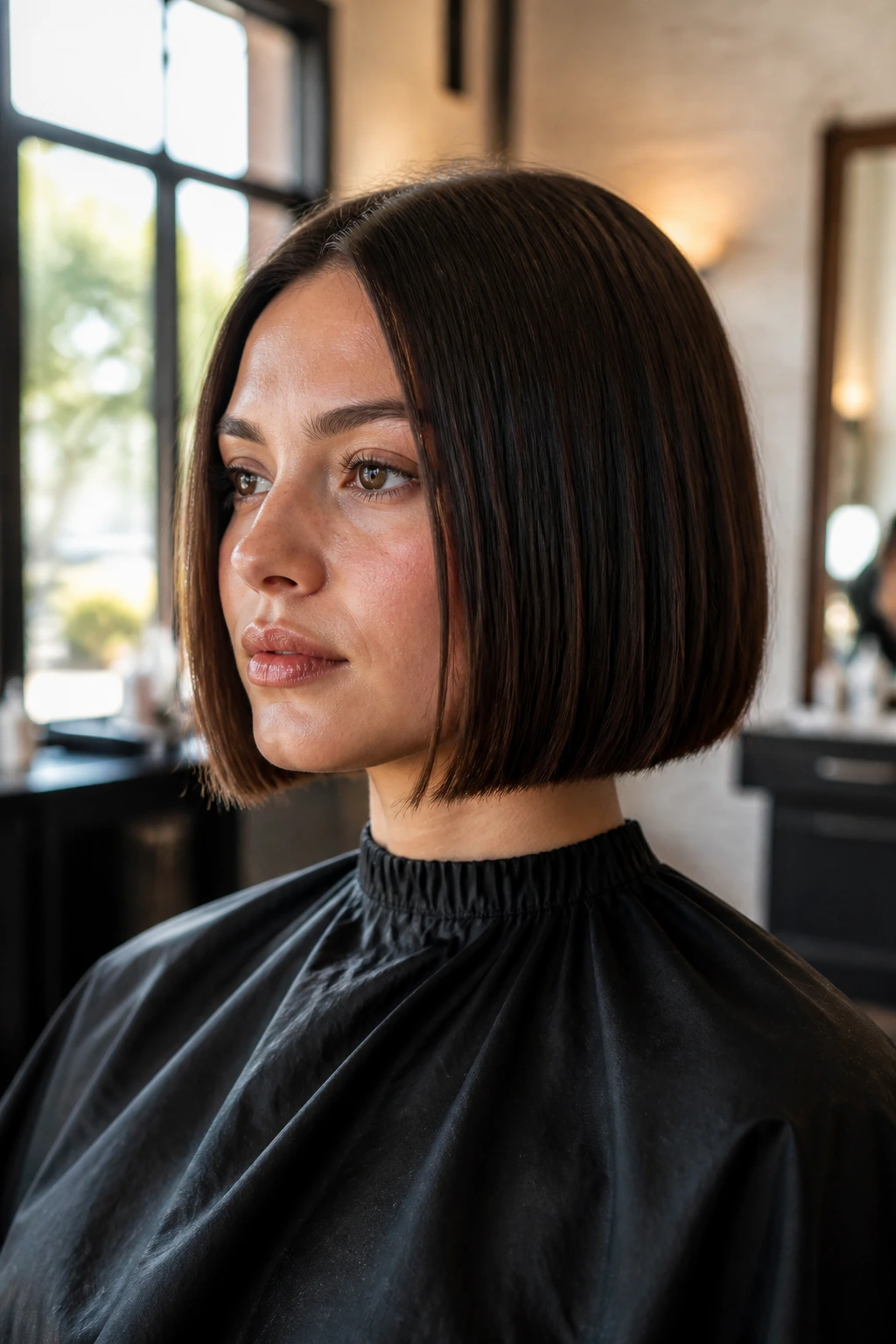 Close-up of a real woman with a jaw-length blunt bob in a salon chair