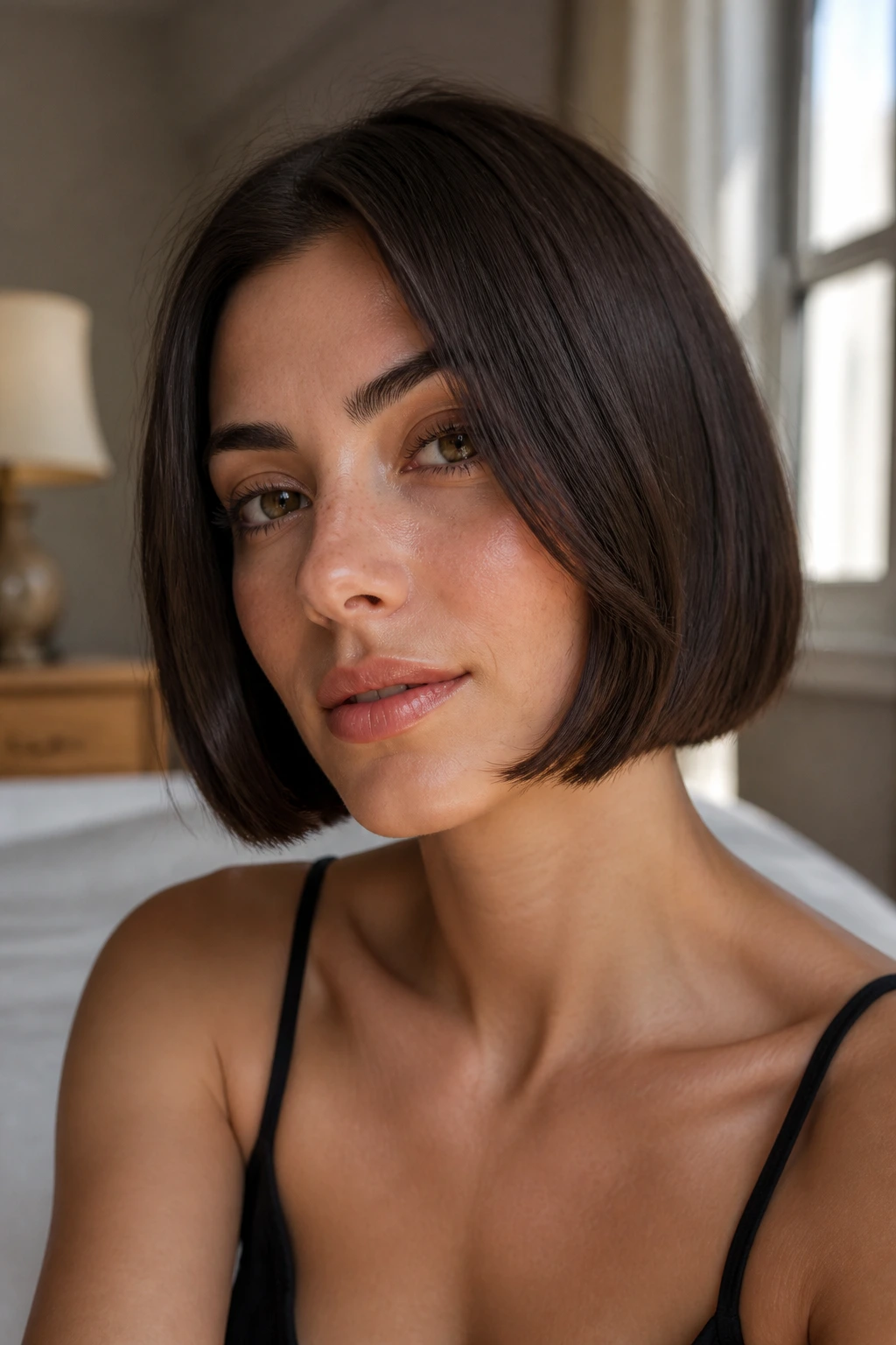 Close-up of a real woman with cheekbone-framed blunt bob in window-lit bedroom