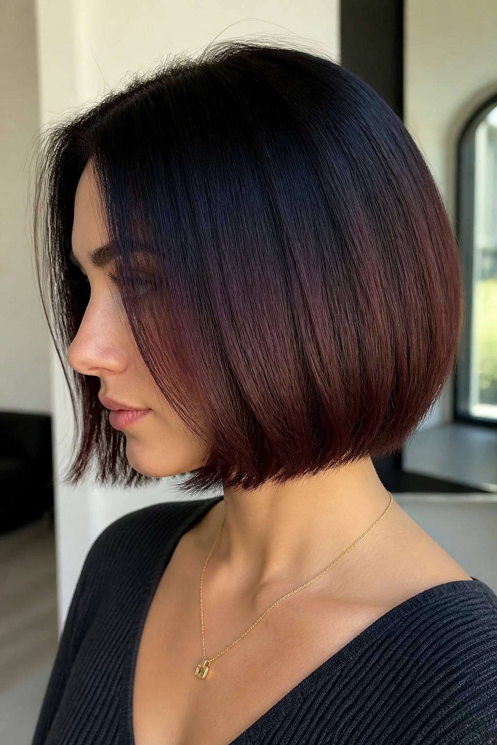 Real person with blunt bob in soft black to chocolate cherry ombre.