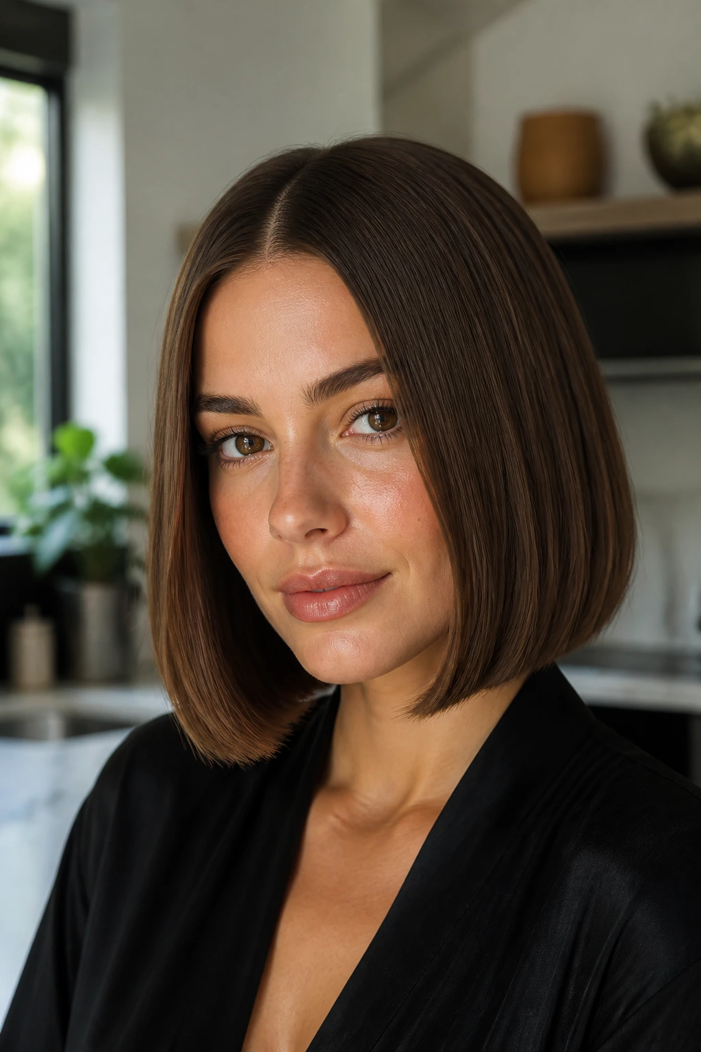 Real woman with chestnut blunt bob and center part