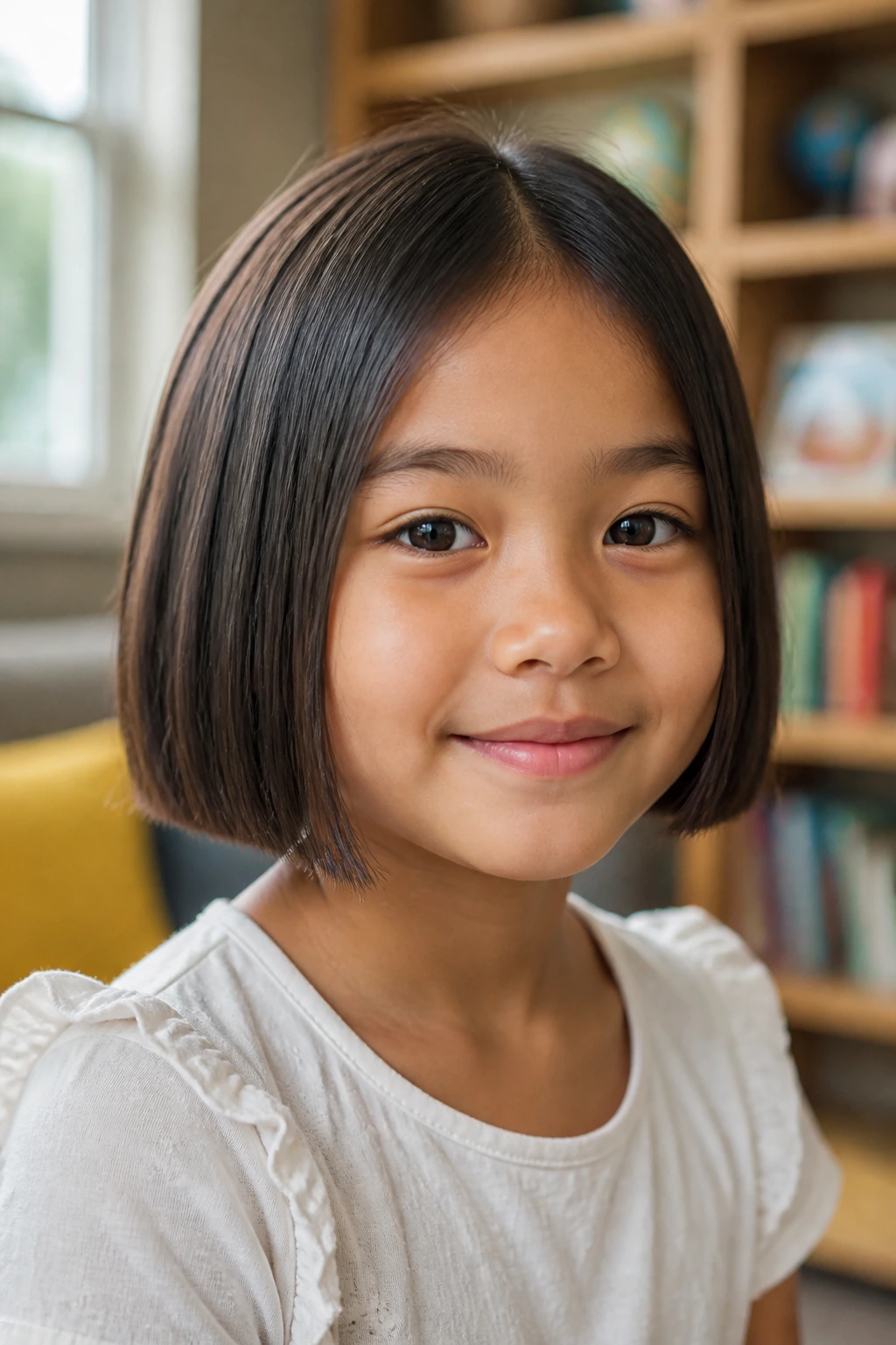 Child with chin-length blunt bob in indoor setting