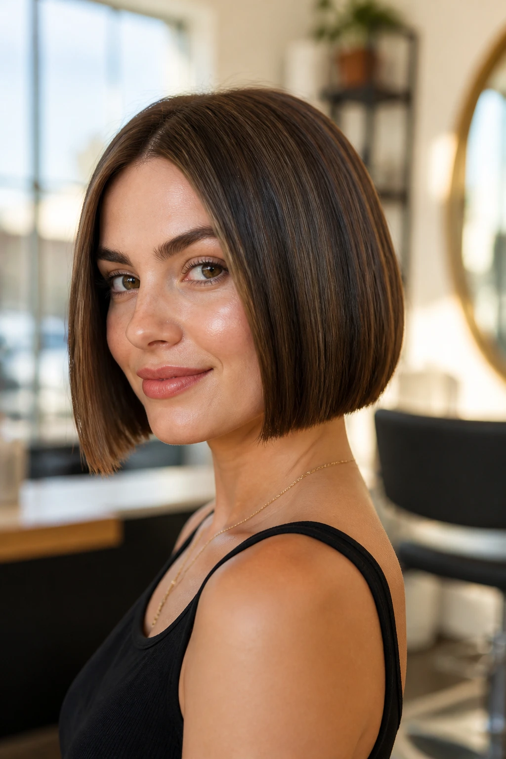 Close-up portrait of a real woman with a blunt chin-length bob in a warm salon setting