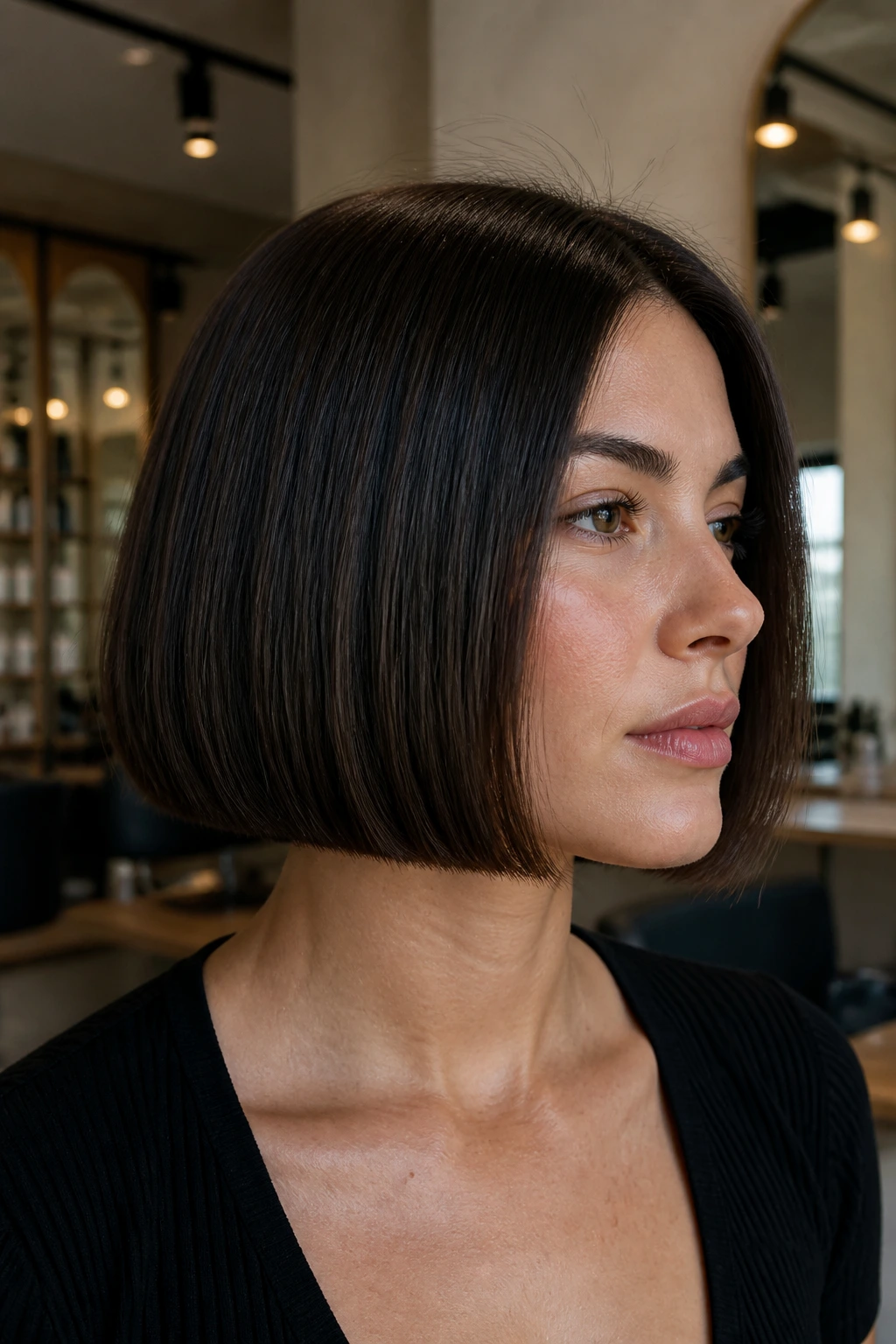 Real person with chin-length blunt bob and crisp edge in natural light portrait