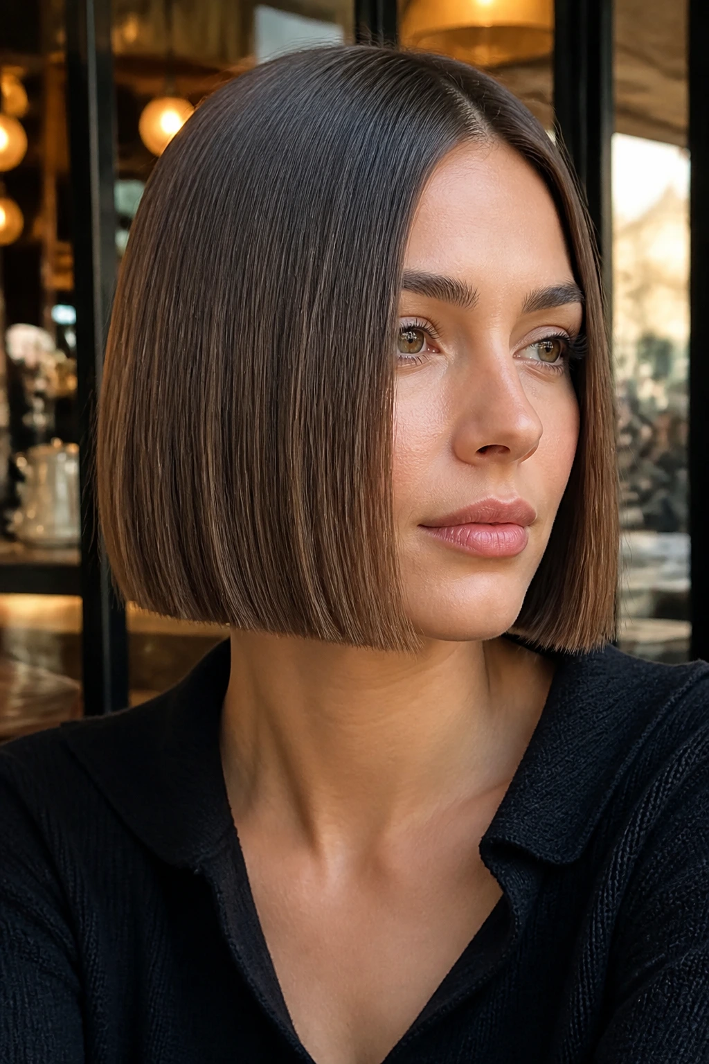 Portrait of a woman with a blunt chin-length bob and crisp edge.