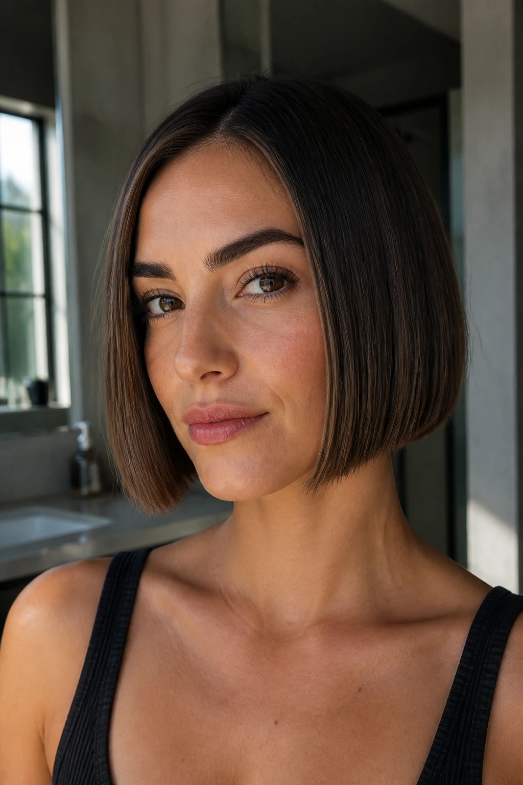 Close-up of a real woman with blunt chin-length bob and clean jawline edge