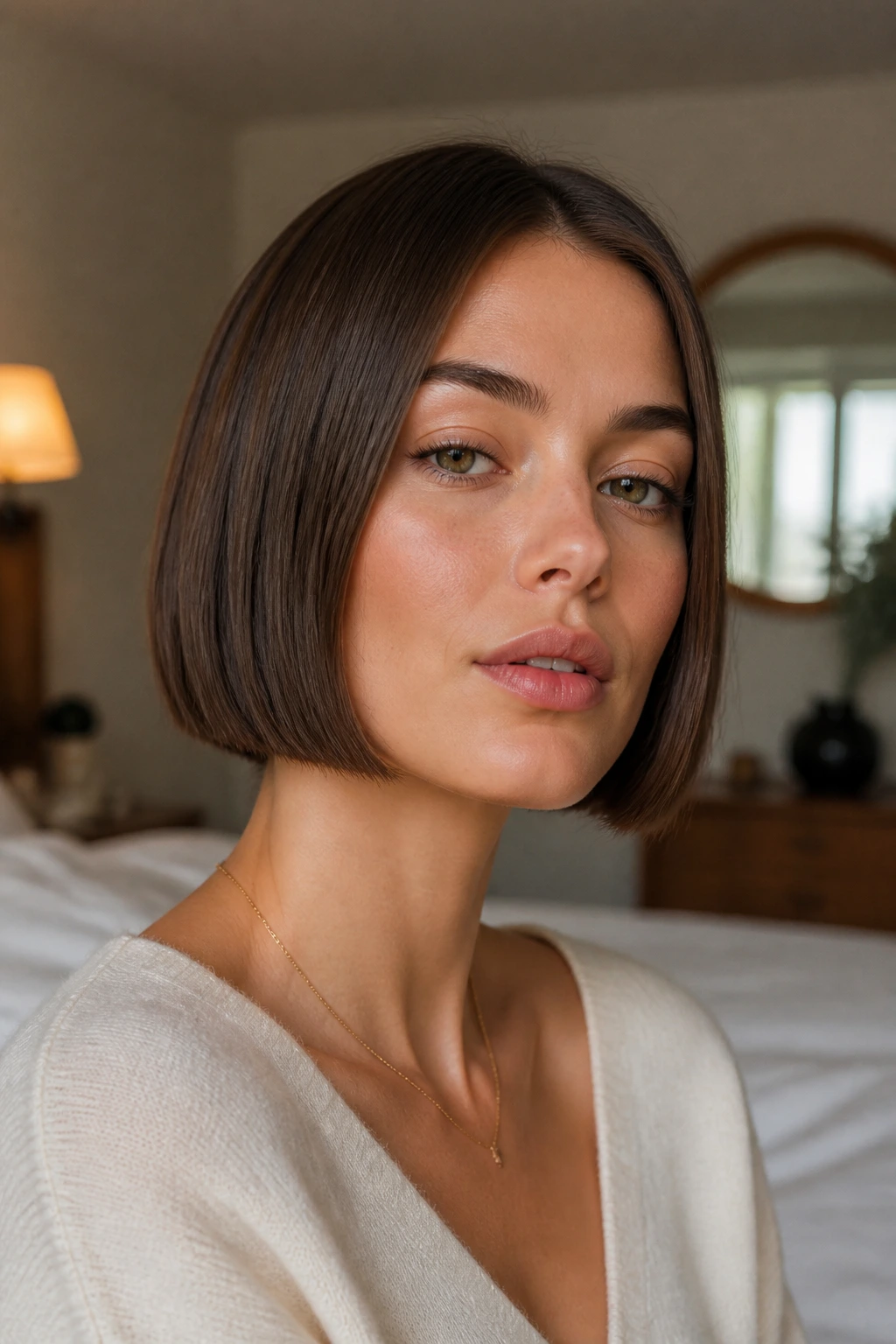 Close-up of a real woman with chin-length blunt bob emphasizing crisp jawline