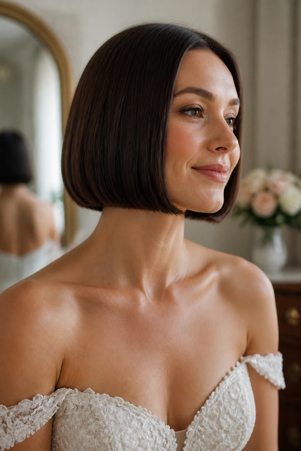 Bride with chin-length blunt bob close-up