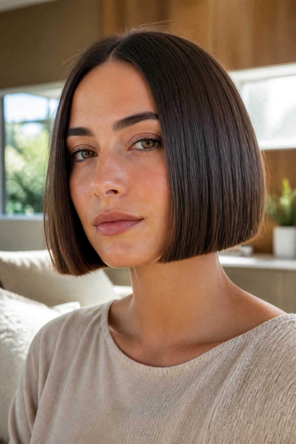 Close-up of a woman with a blunt chin-length bob in natural light.