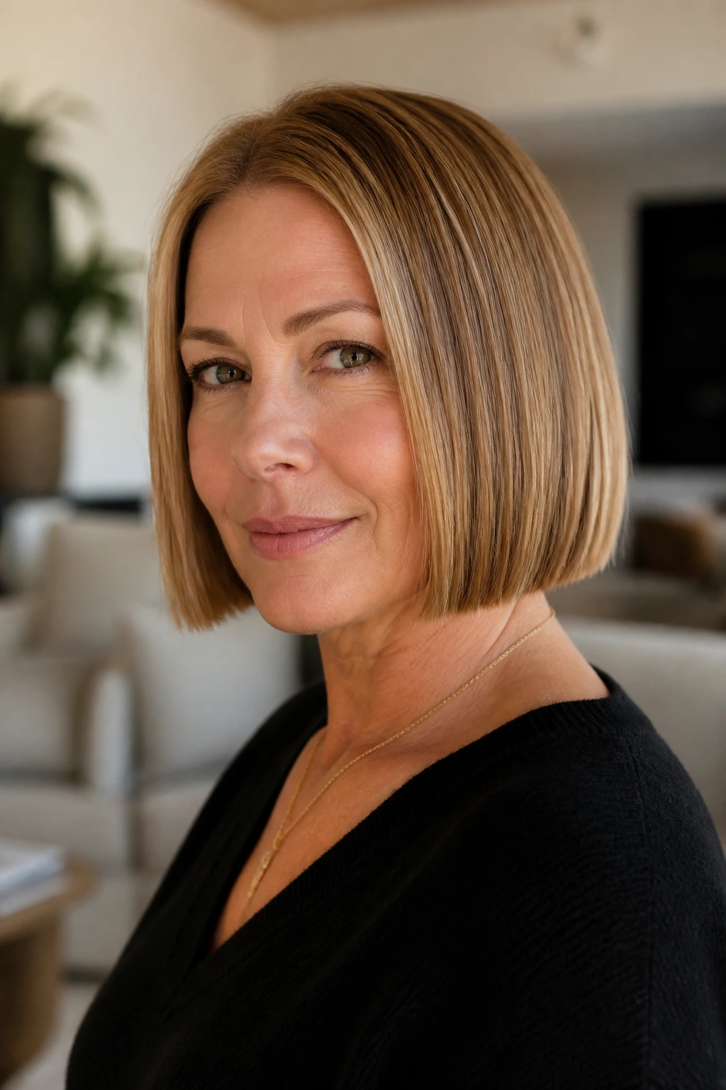 Real woman with chin-length blunt bob and clean edges in warm daylight