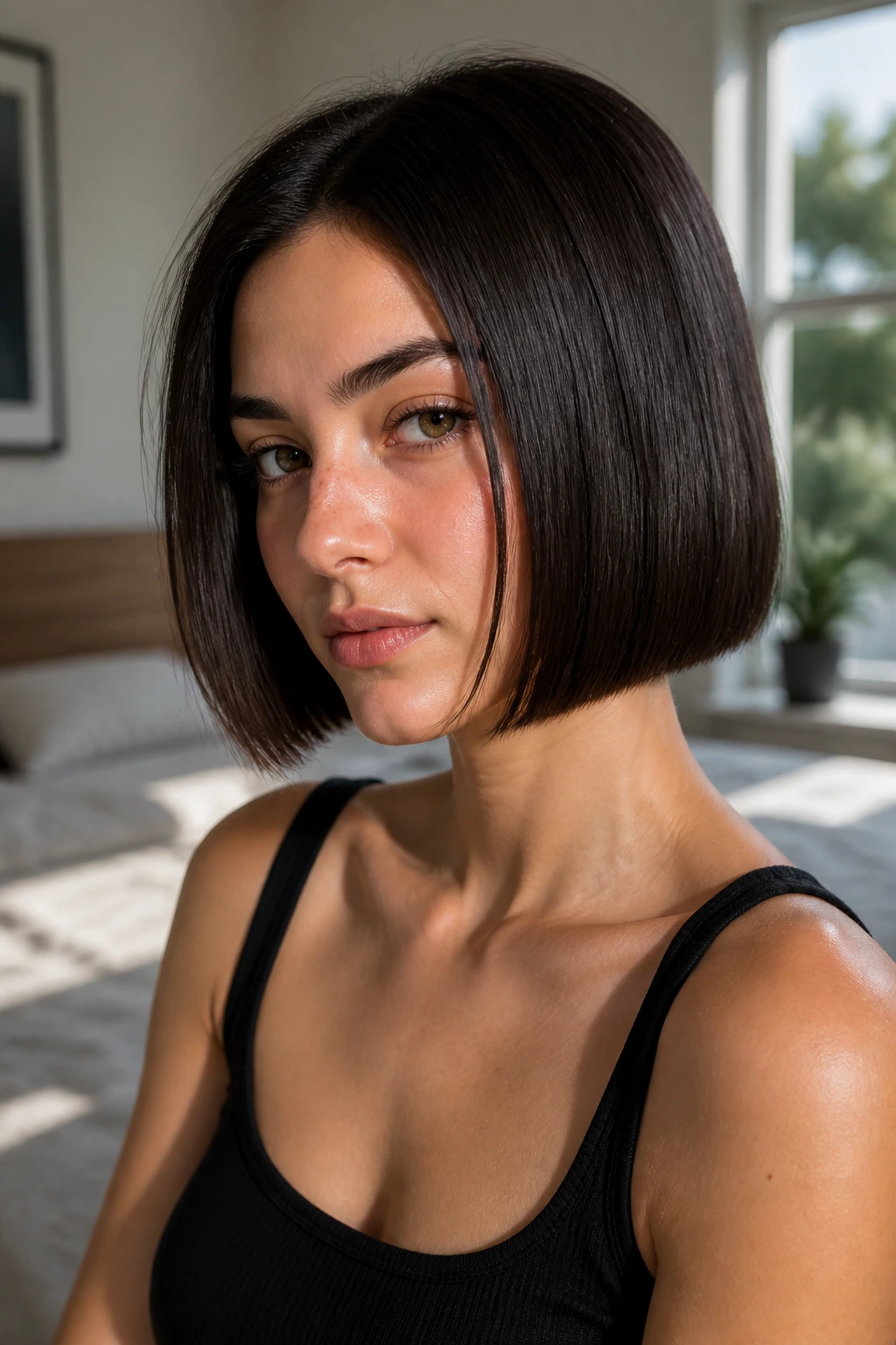 Close-up portrait of a real woman with a chin-length blunt bob and crisp edge in natural window light.