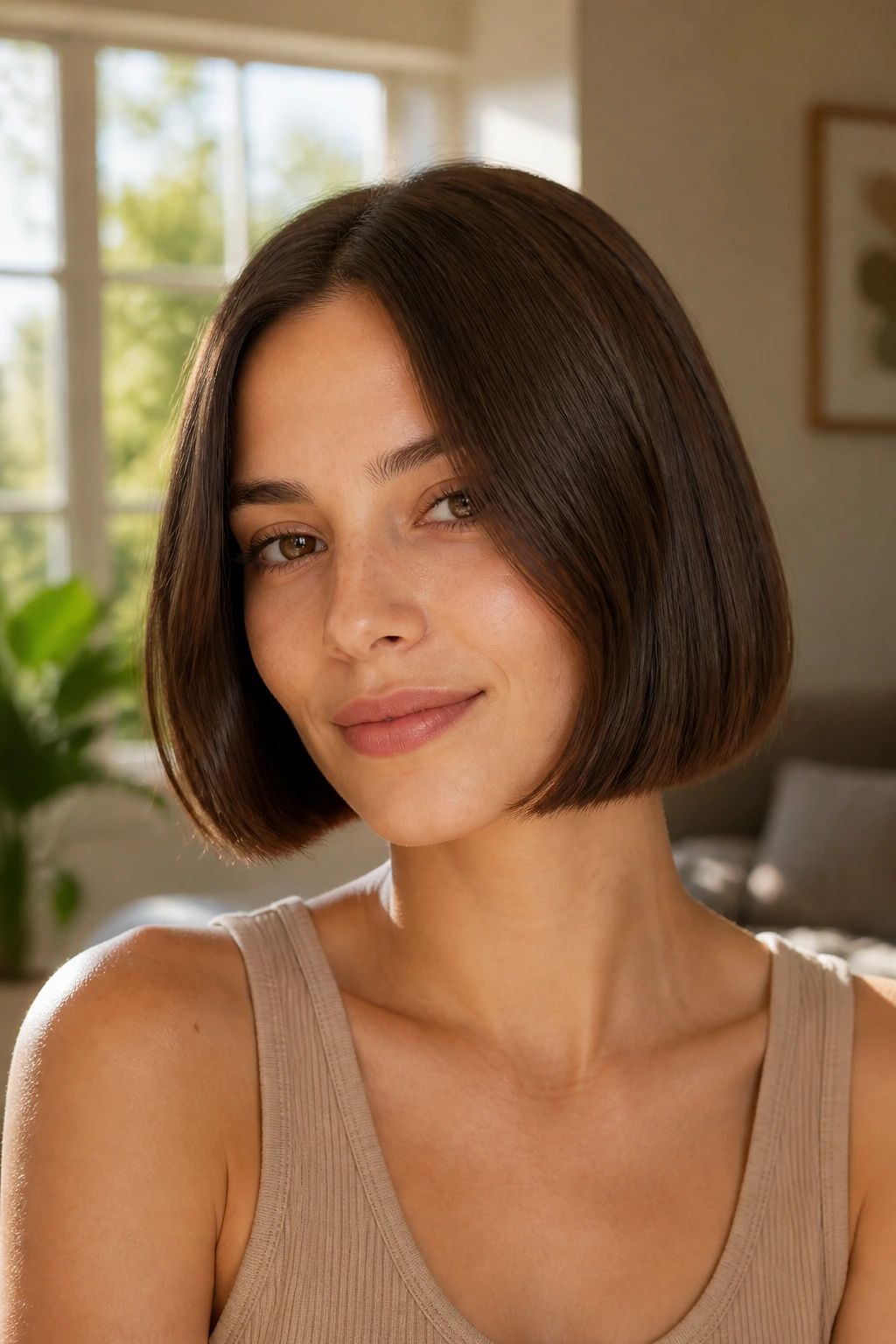 Real woman with blunt chin-length bob showing dense, even ends