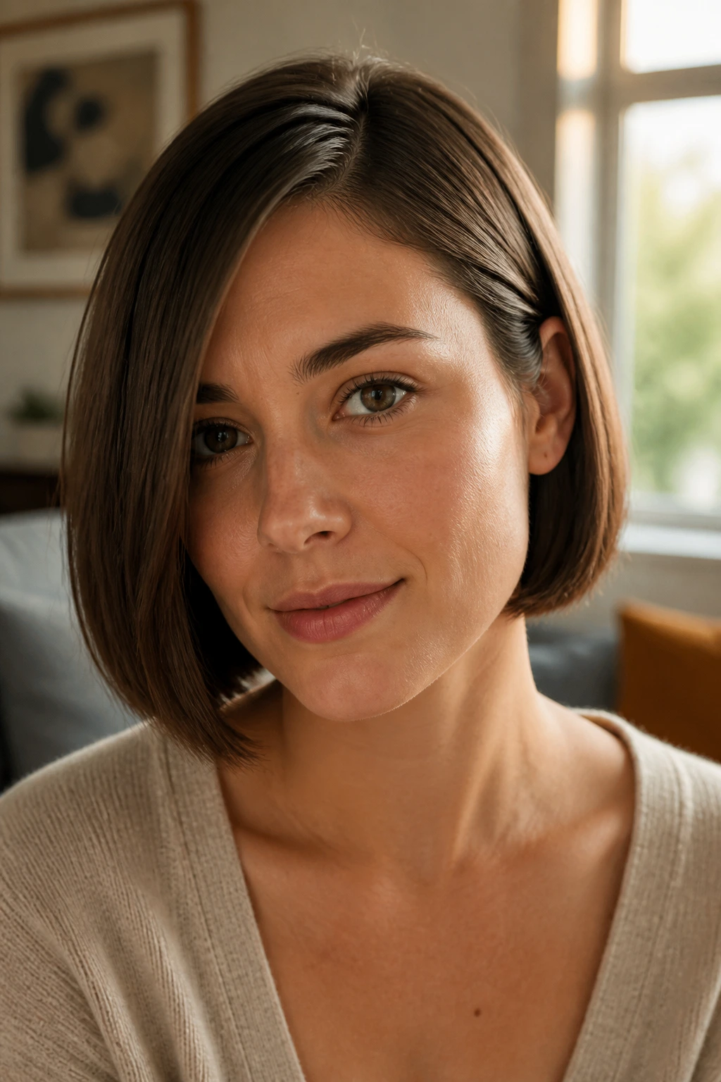 Real woman with blunt chin-length bob, side part, and tucked ends in warm indoor light.