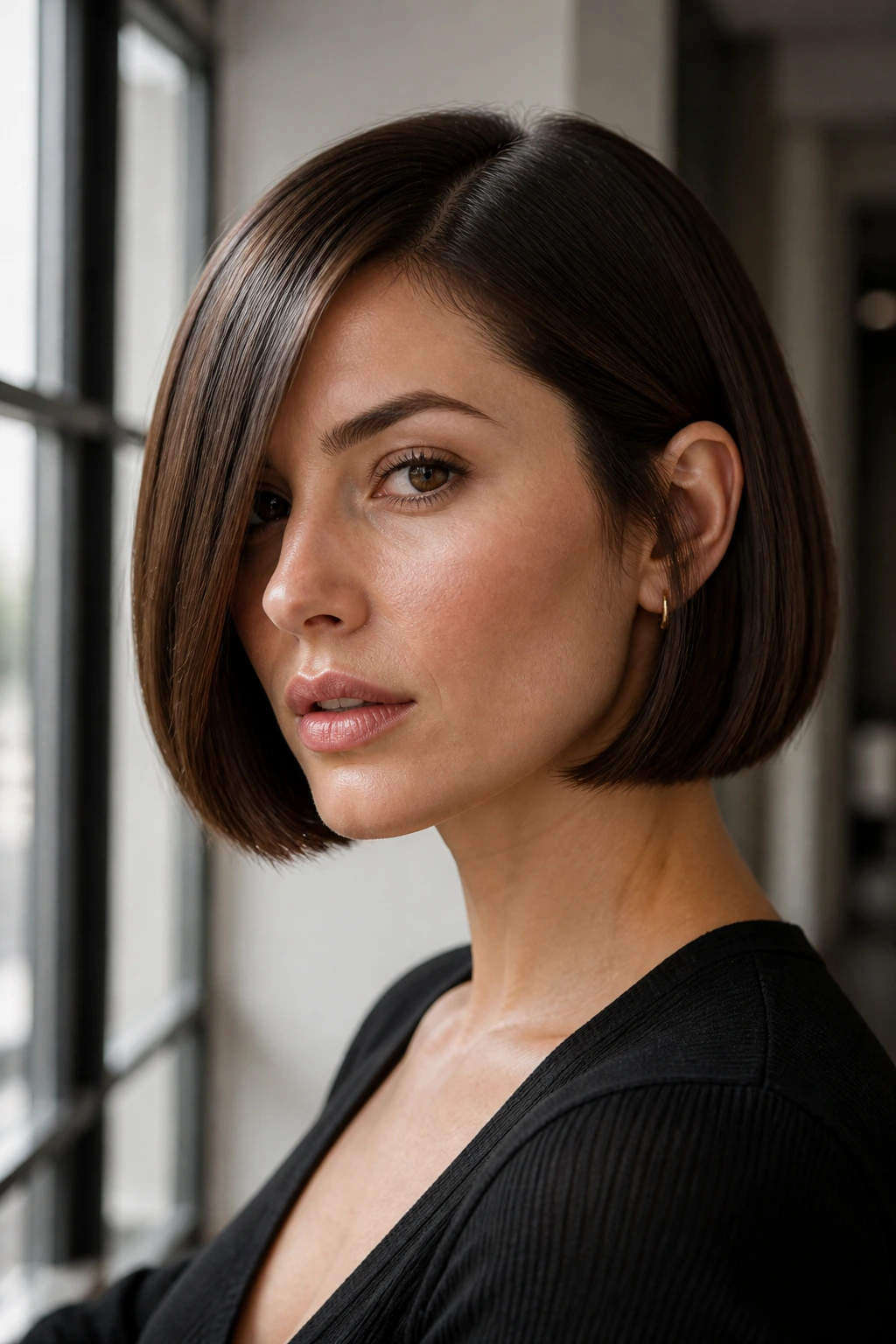 Real person with blunt chin-length bob showing an intentional, crisp perimeter.