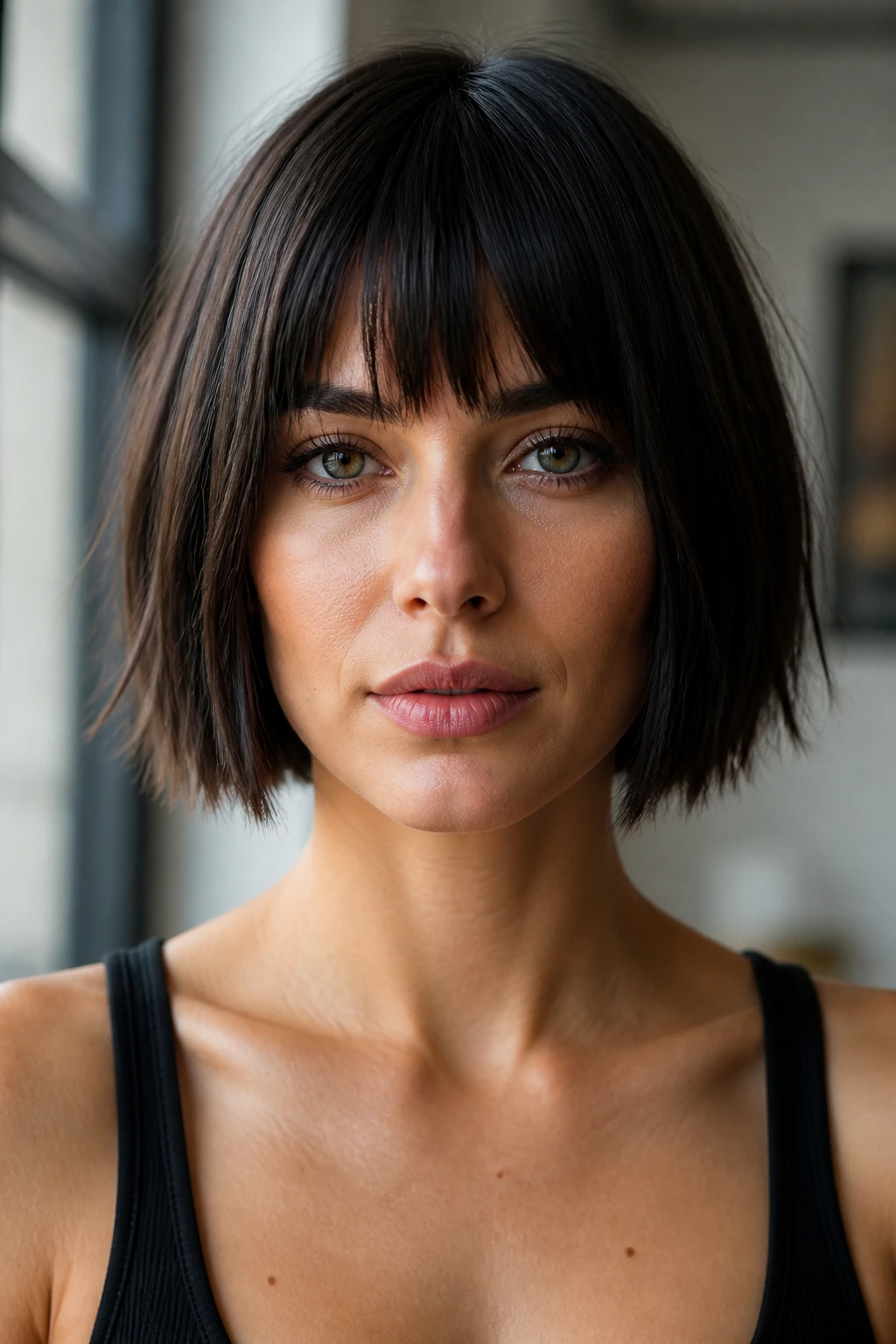 Close-up of a real woman with a chin-length blunt bob and choppy ends