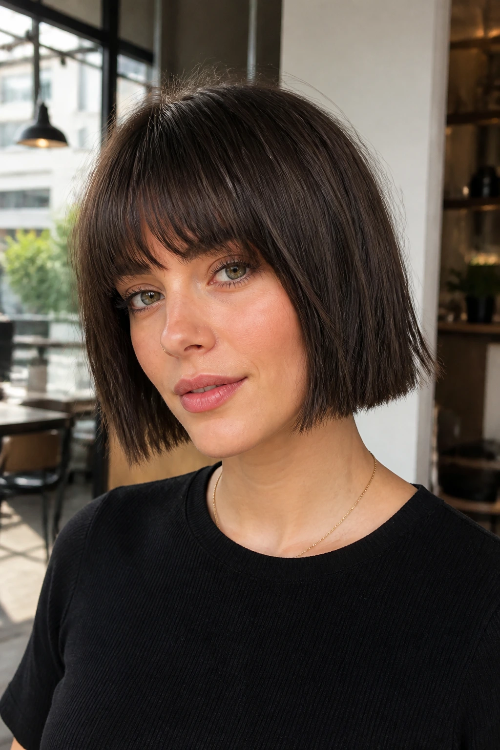 Close-up of a real woman with blunt bob and choppy ends in bright cafe lighting.