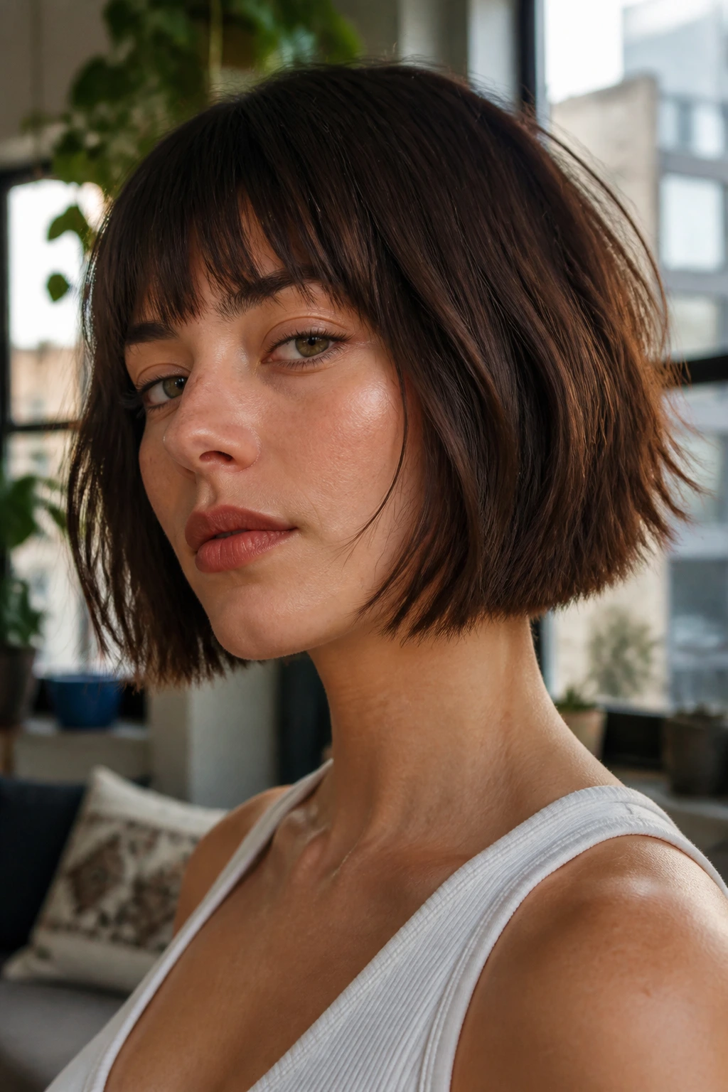 Close-up of a real woman with a blunt bob softened by choppy points in an urban apartment.