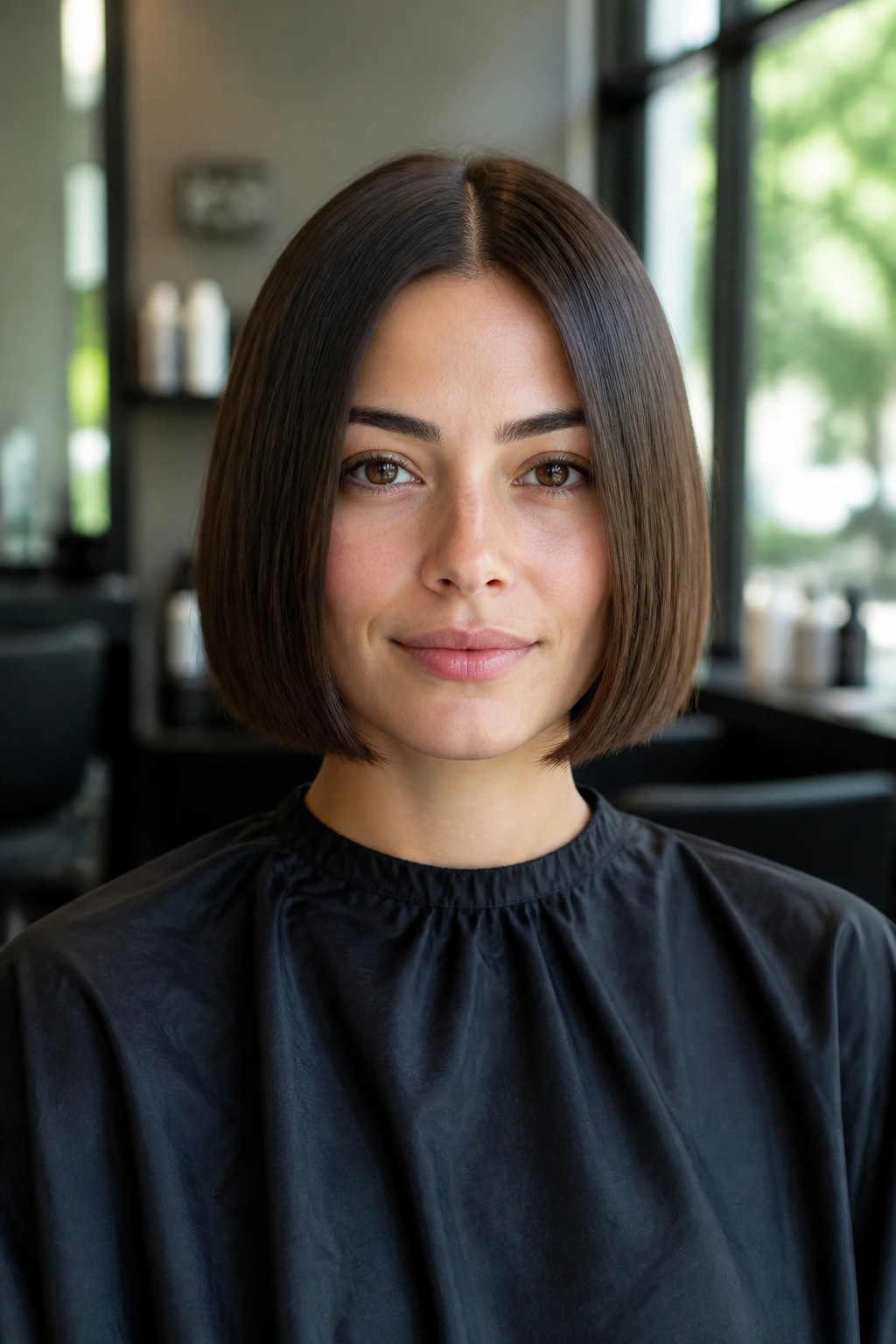 Close-up portrait of a real woman in a salon chair showing a blunt bob with a sharp edge