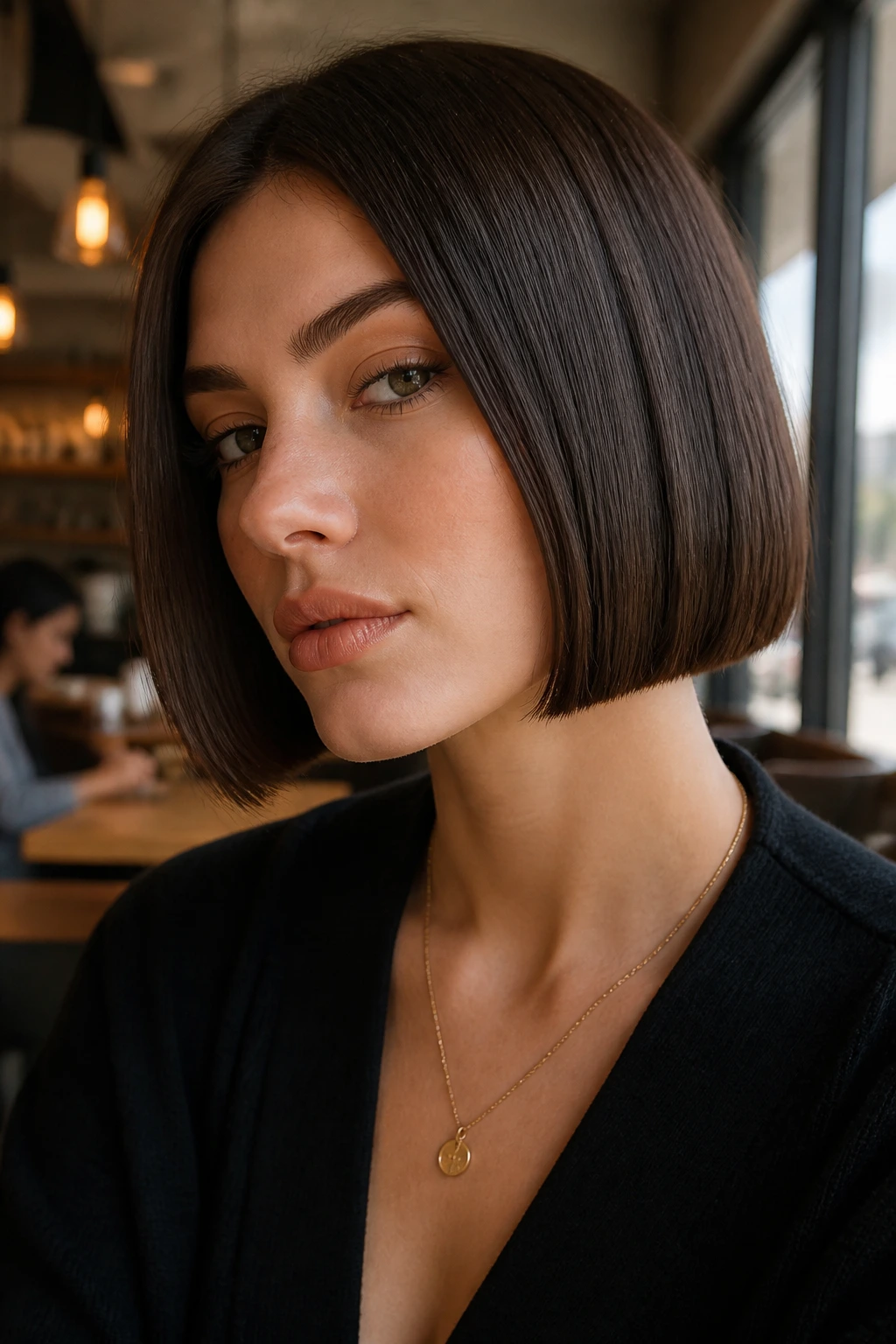 Close-up of a real woman with a crisp chin-grazing blunt bob
