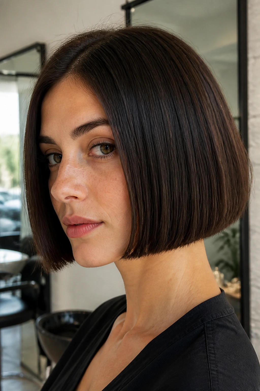 Portrait of a woman with blunt bob showing crisp jaw-length line