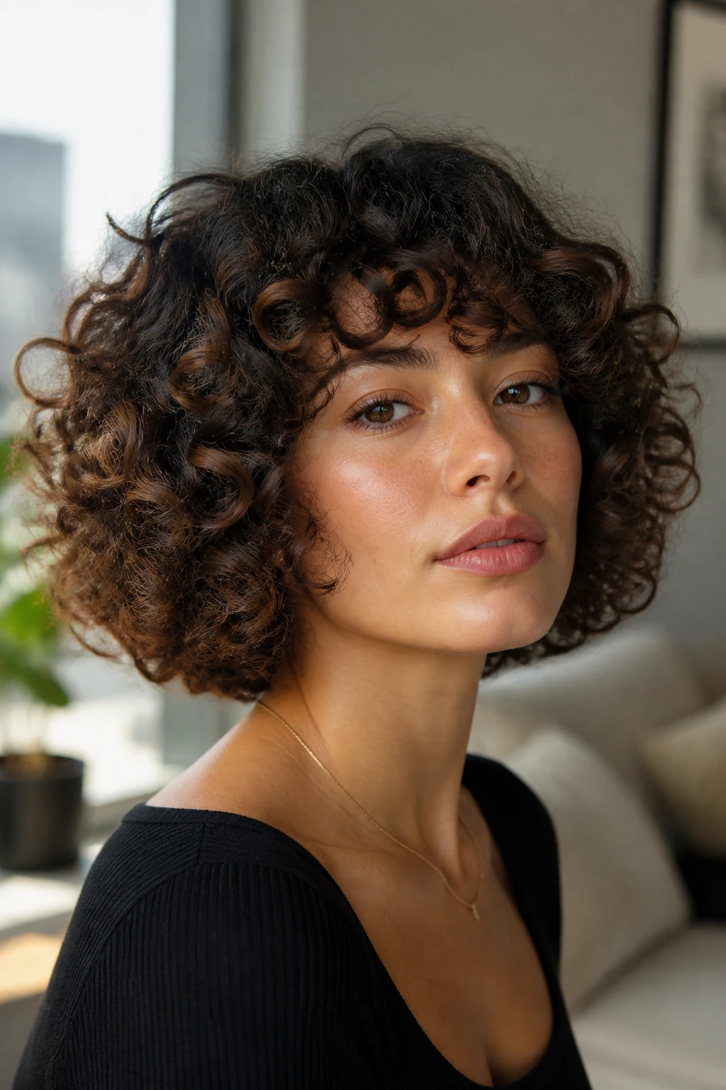 Close-up of a real woman with blunt bob on thick curls