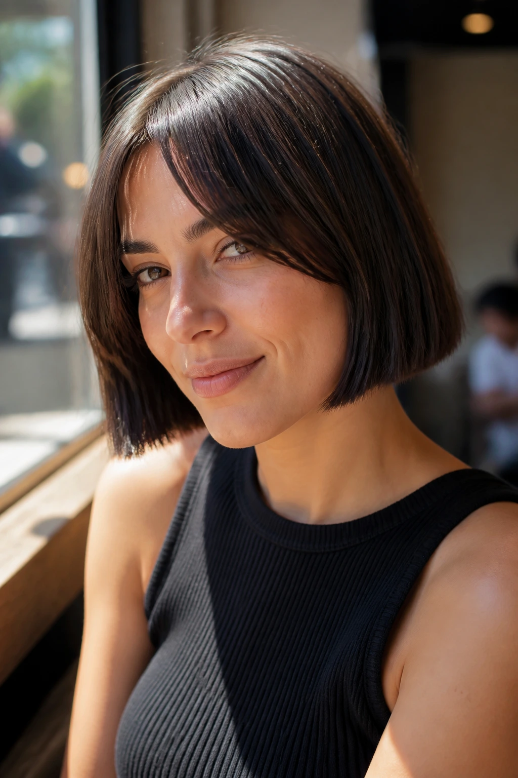 Close-up of real woman with blunt bob and curtain bangs in sunlit cafe setting