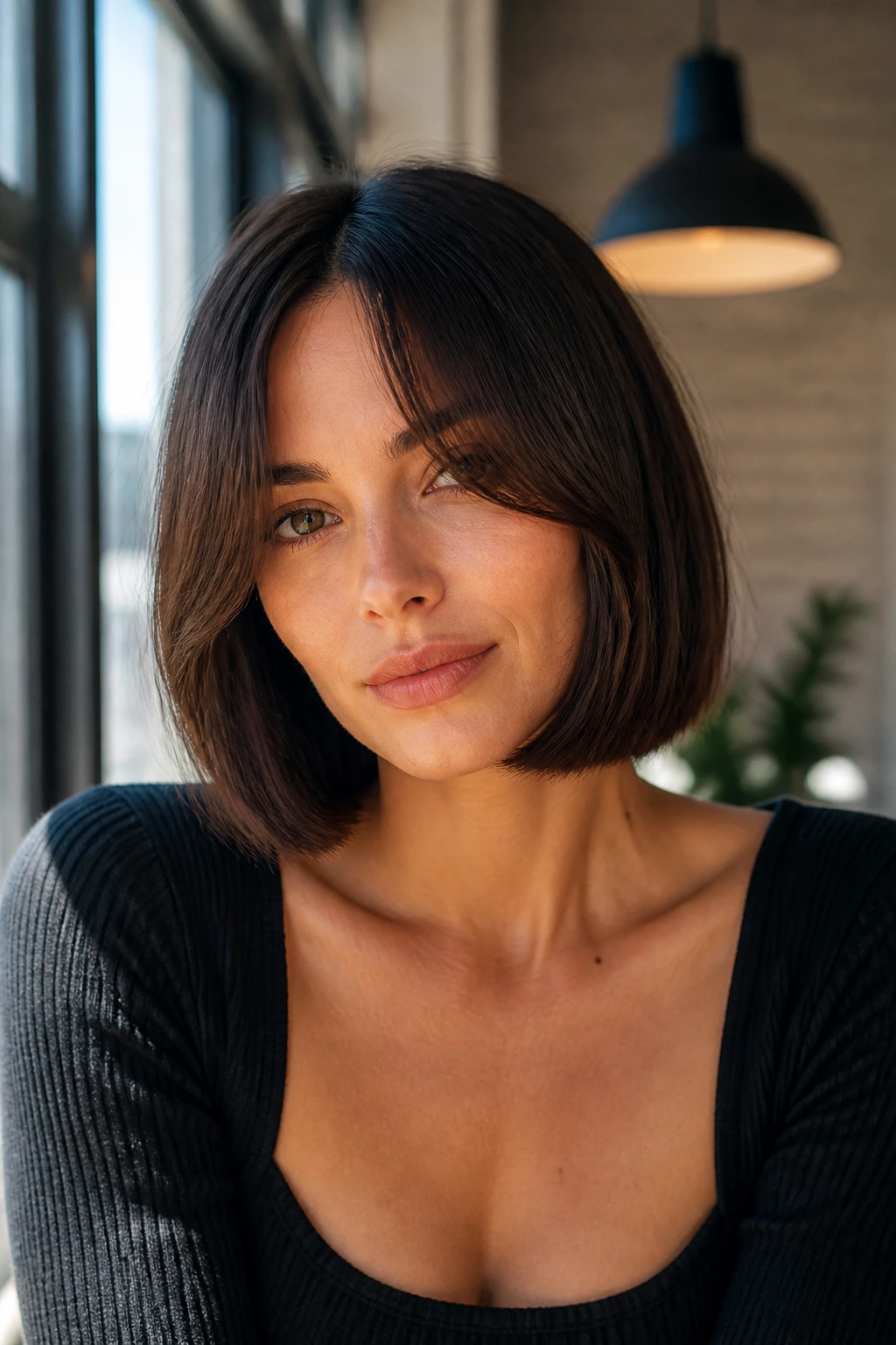 Close-up of a real woman with a blunt bob and curtain bangs in natural light