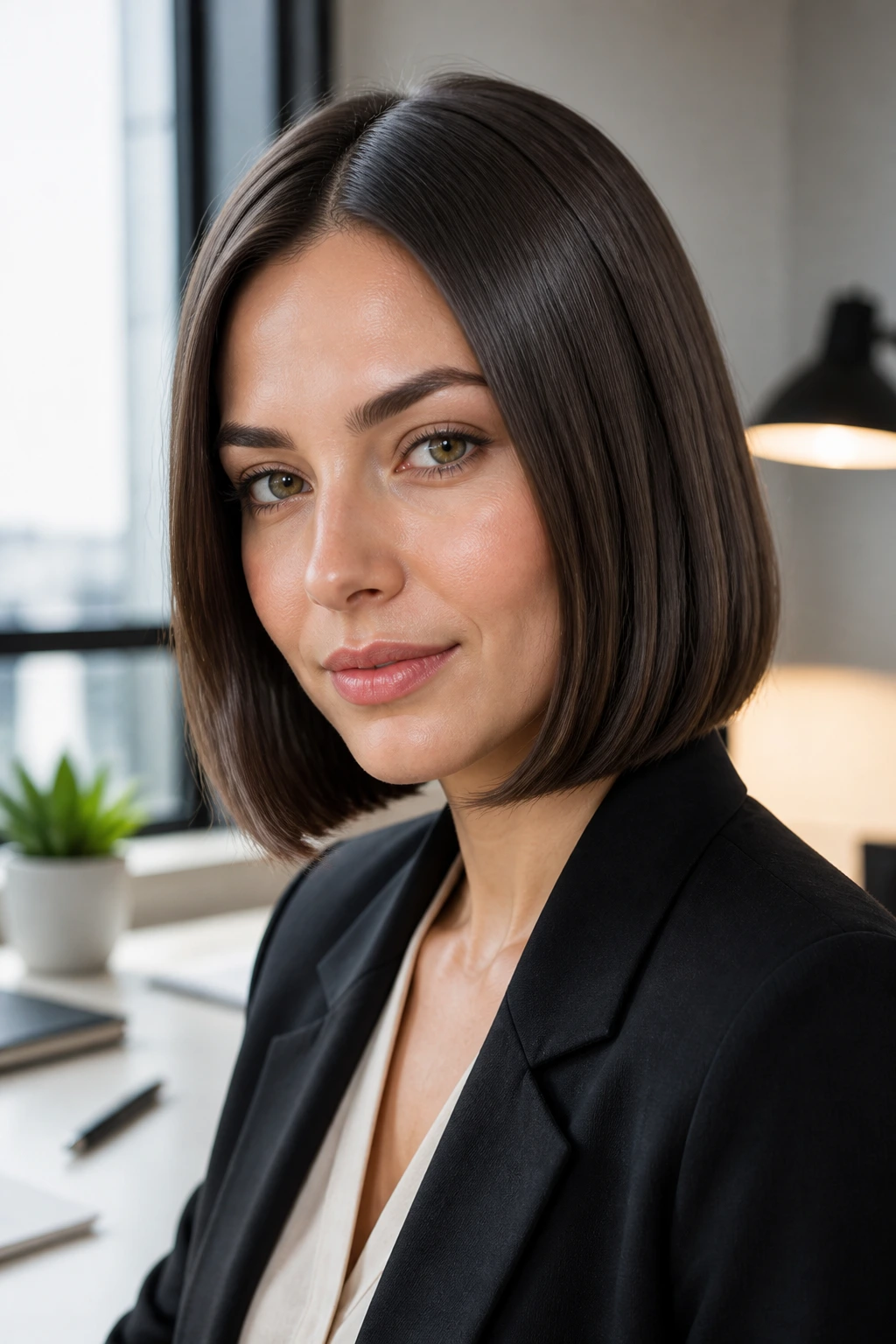 Close-up of a real woman with a blunt bob and curved ends in a bright office setting
