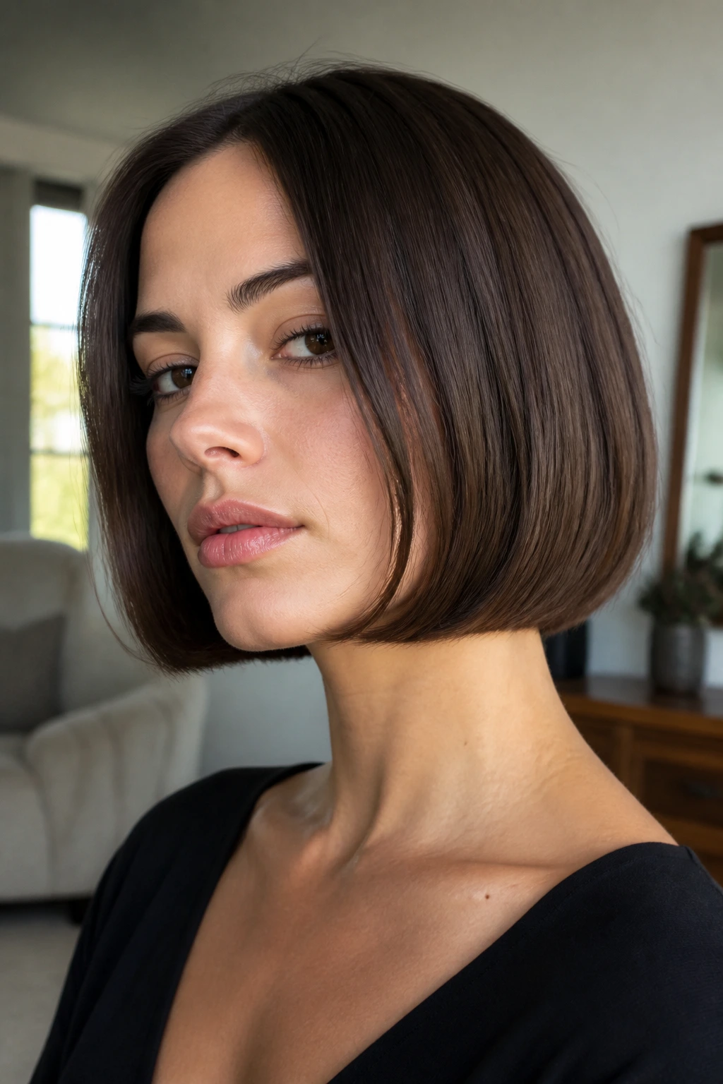 Close-up of a real woman with a curved-under blunt bob