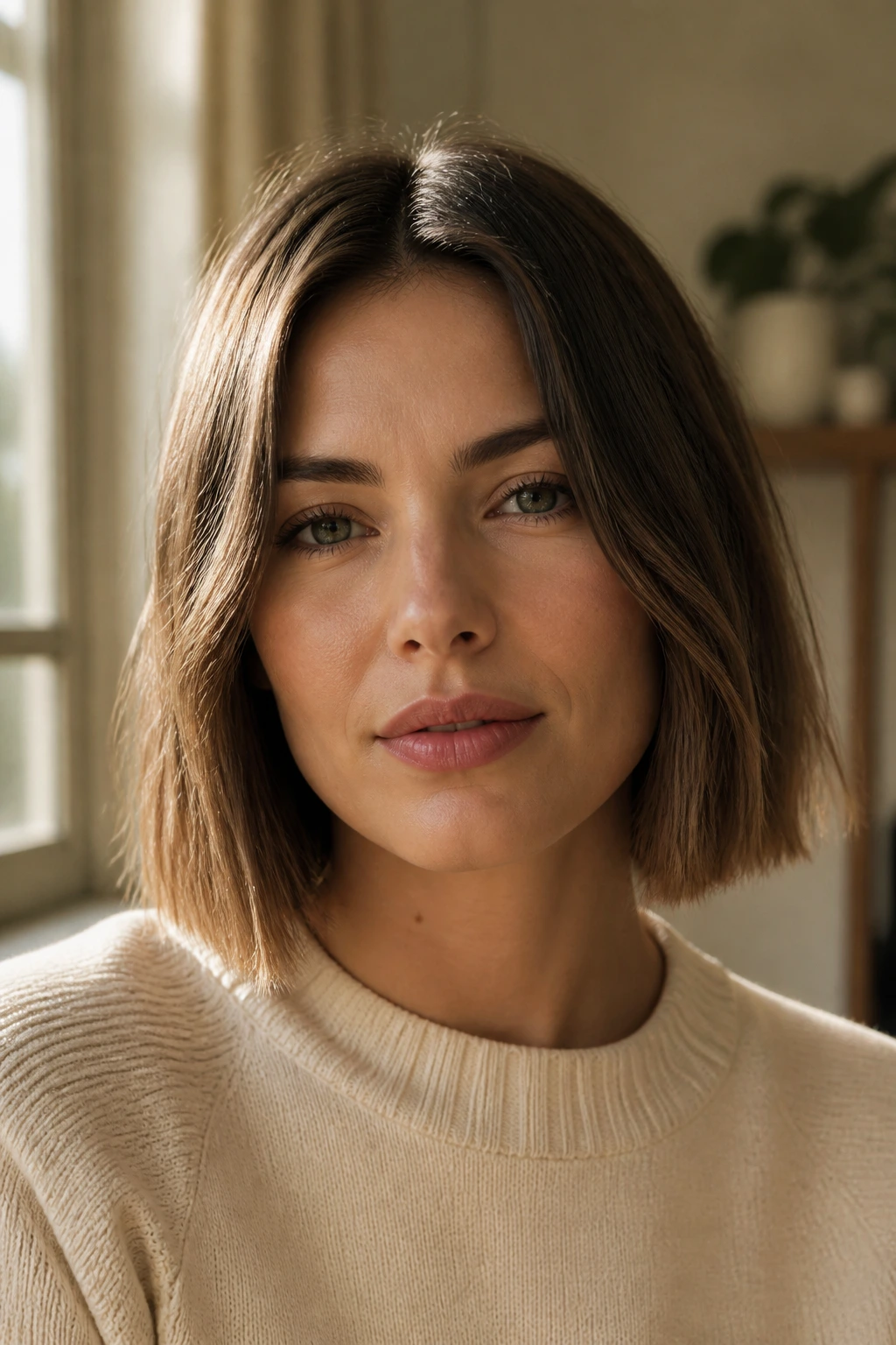 Close-up of real woman with blunt bob in warm morning light
