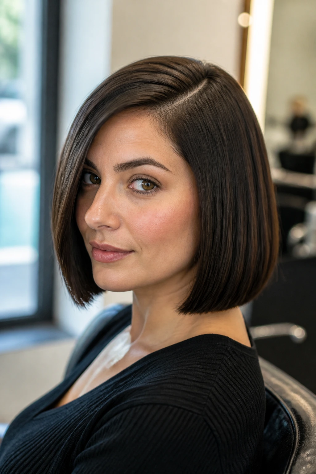 Close-up of a real woman with a blunt bob and deep side part in a salon.