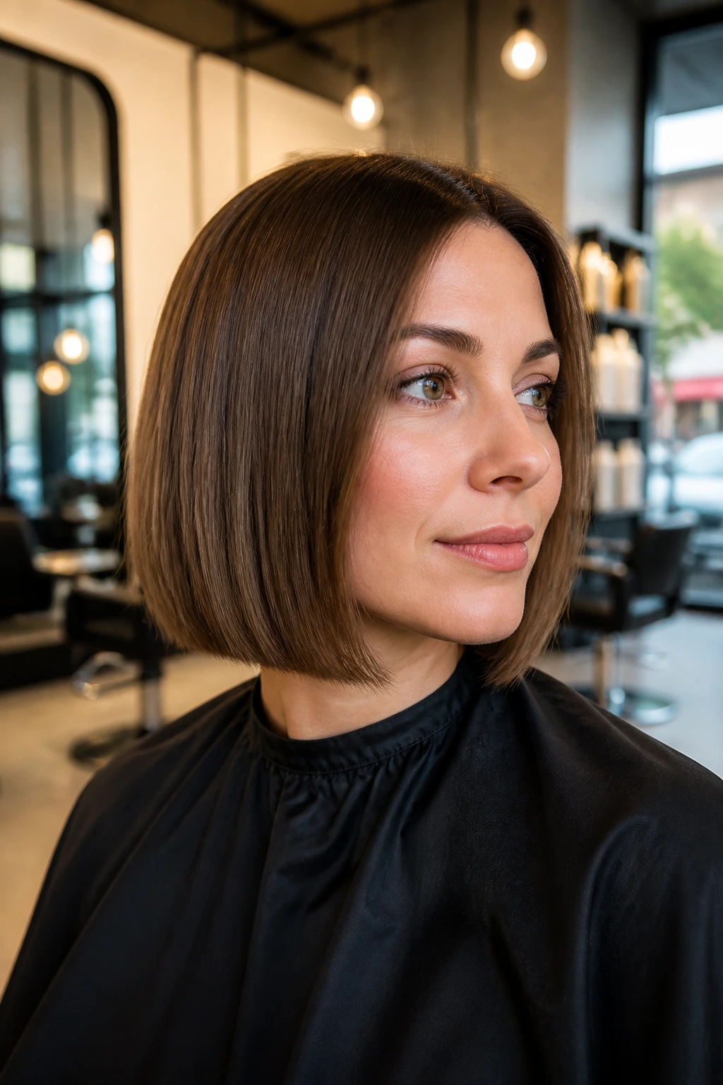 Close-up of blunt bob on real woman showing dense, even hem in warm salon light