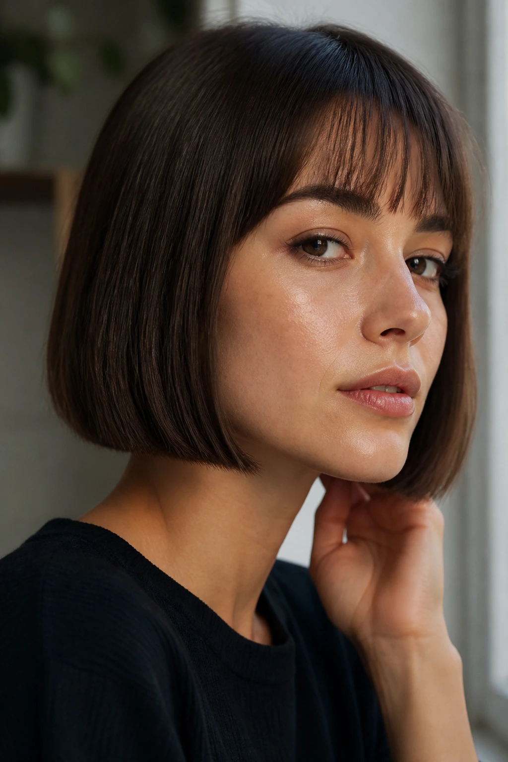 Close-up portrait showing a crisp blunt bob edge along the jawline