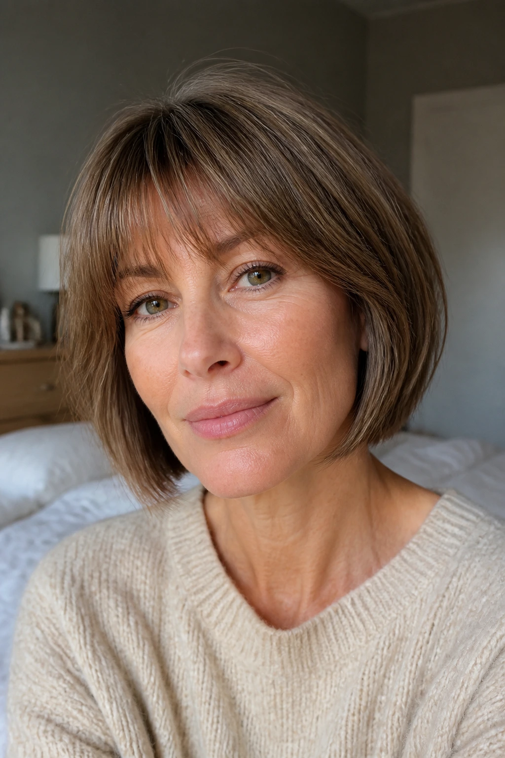 Close-up of a real woman with a soft blunt bob and feathered fringe in warm window light