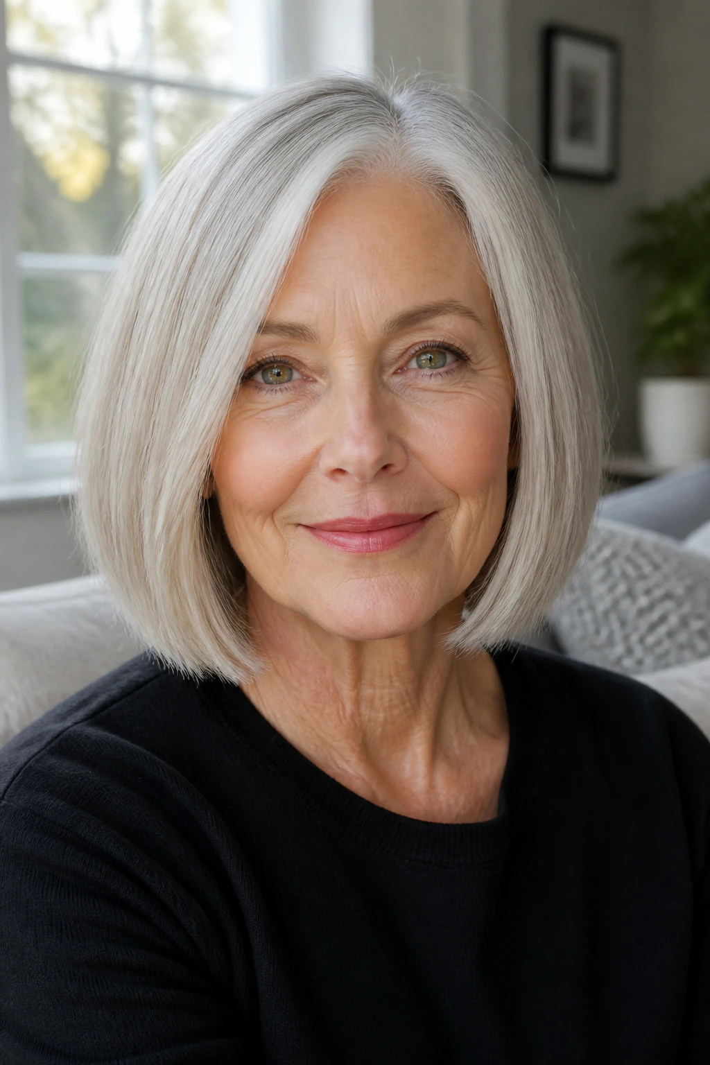 Real woman with blunt bob showing defined perimeter for fine hair after 60