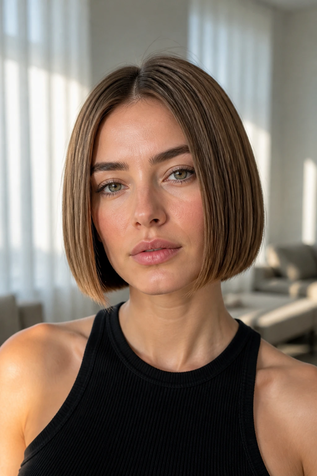 Close-up of real woman with blunt bob for fine hair showing dense perimeter