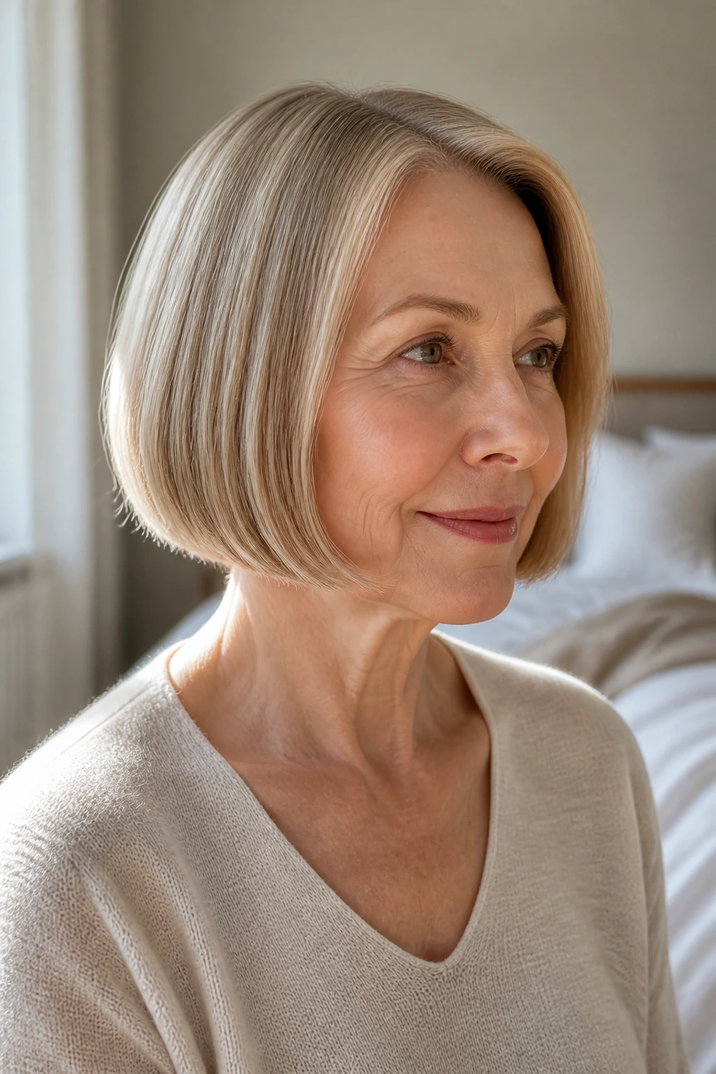 Close-up of a woman with a blunt bob for fine hair in warm natural light