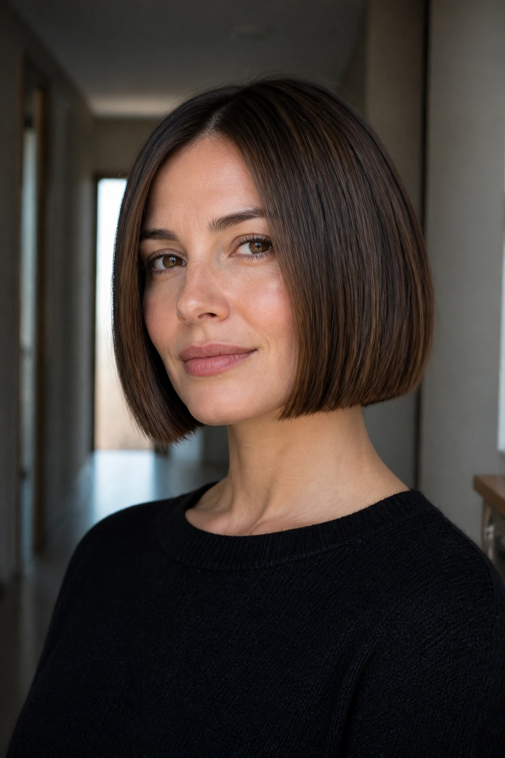 Real woman with a chin-length blunt bob in a softly lit hallway