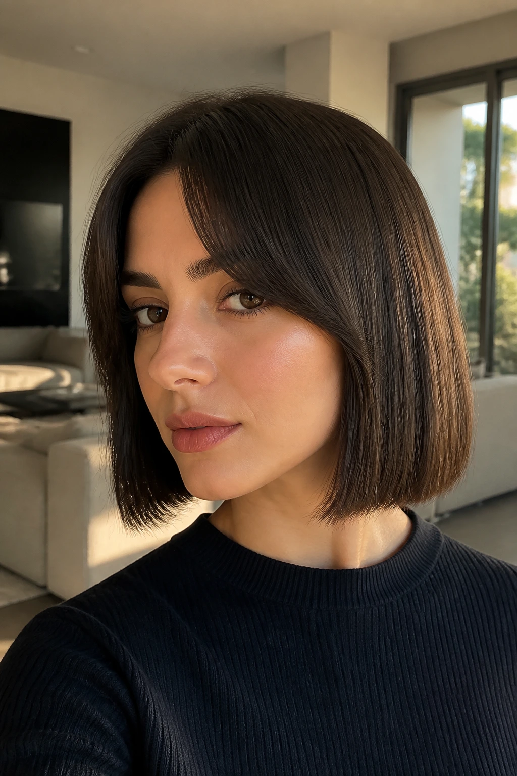 Close-up of a real woman with blunt bob and soft curtain fringe