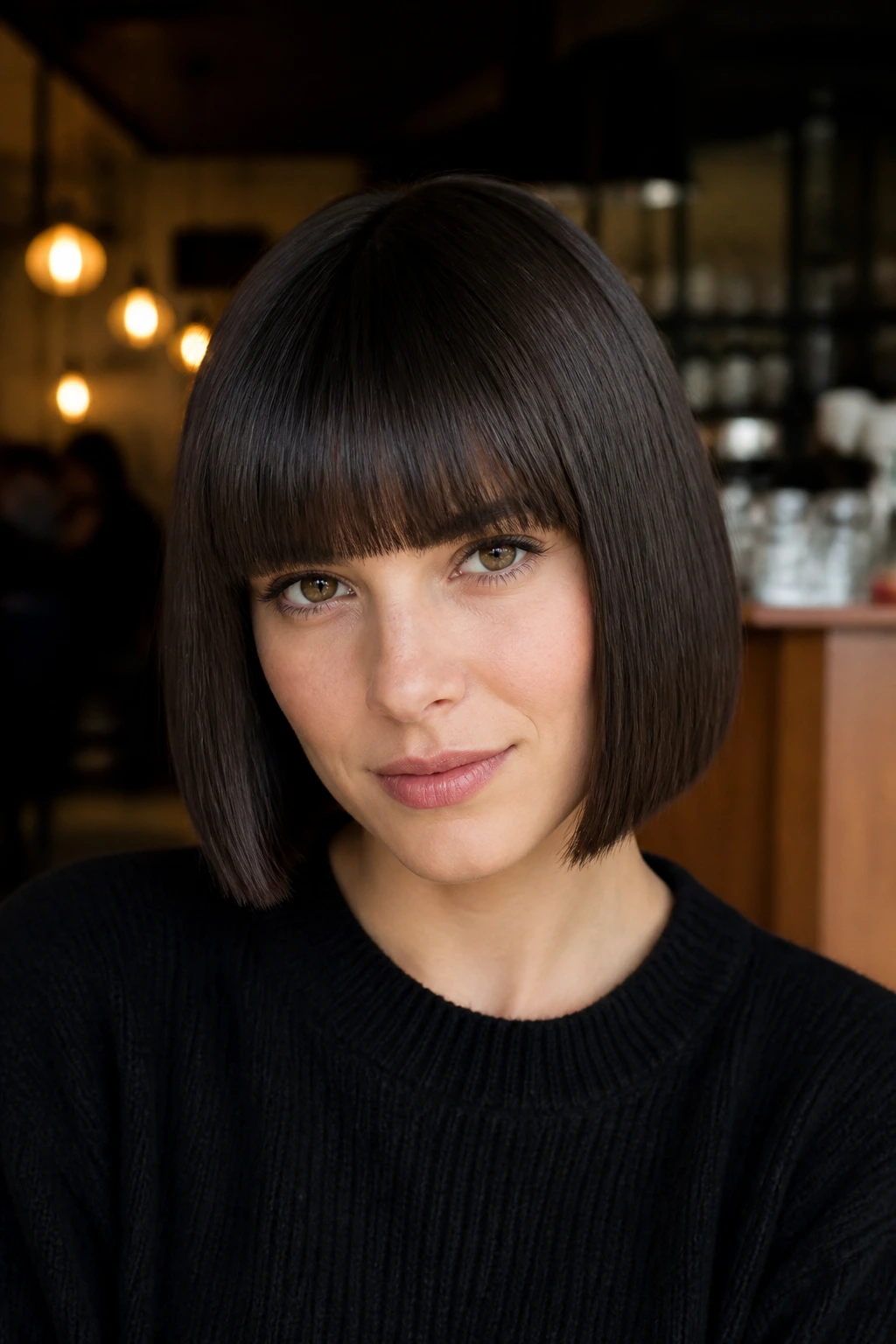 Woman with brow-skimming blunt bob and full fringe.