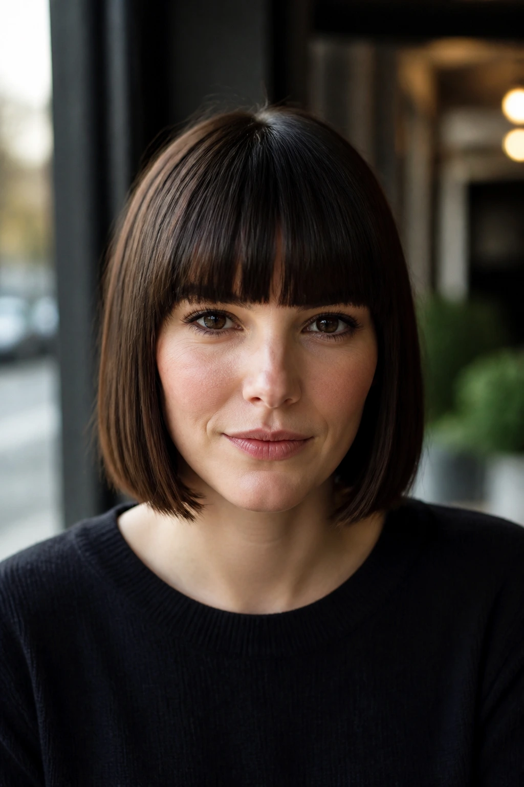 Portrait of a woman with blunt bob and full fringe in cafe window light.