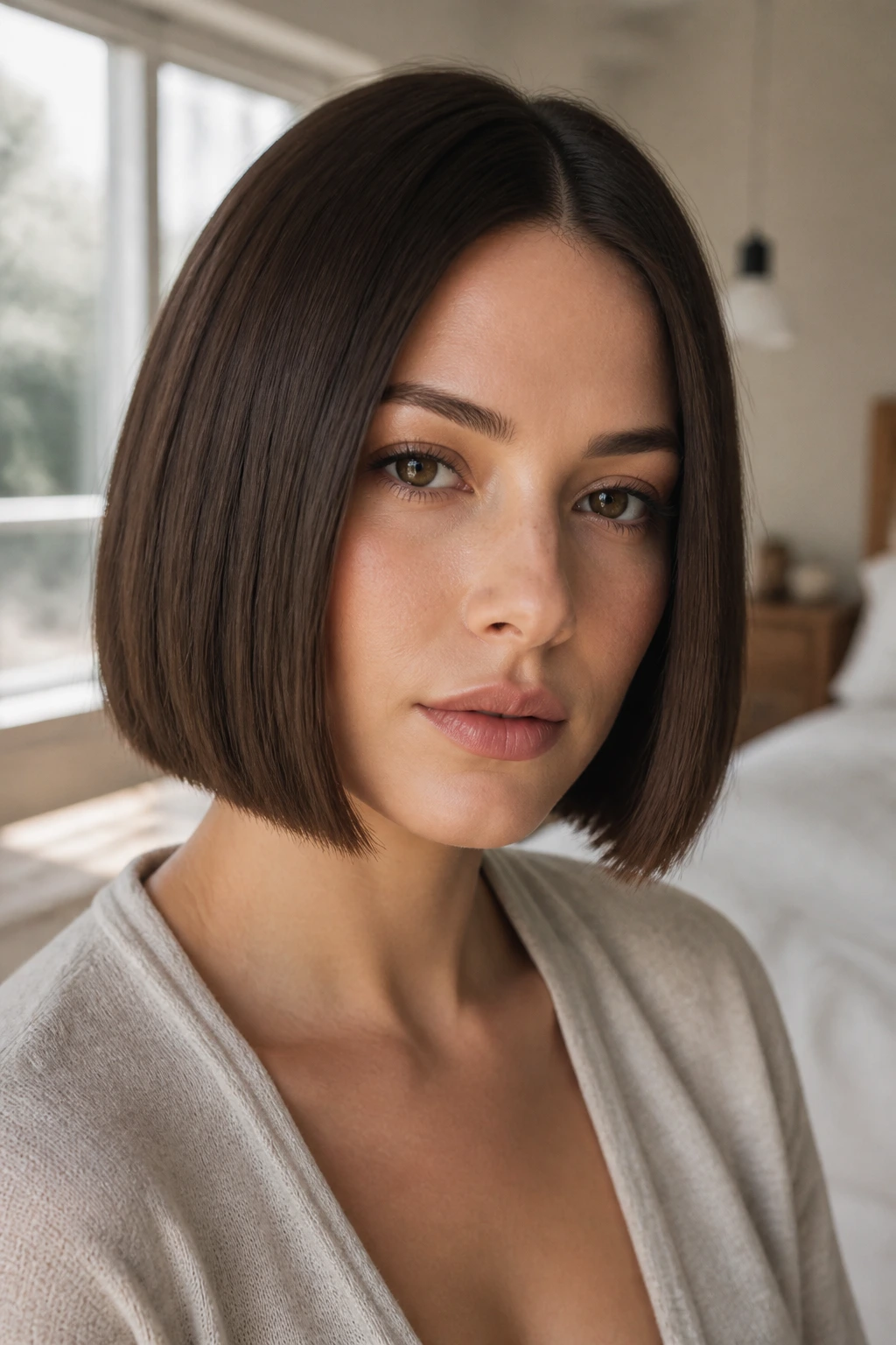 Close-up of a real woman's jaw-length blunt bob with a crisp even line