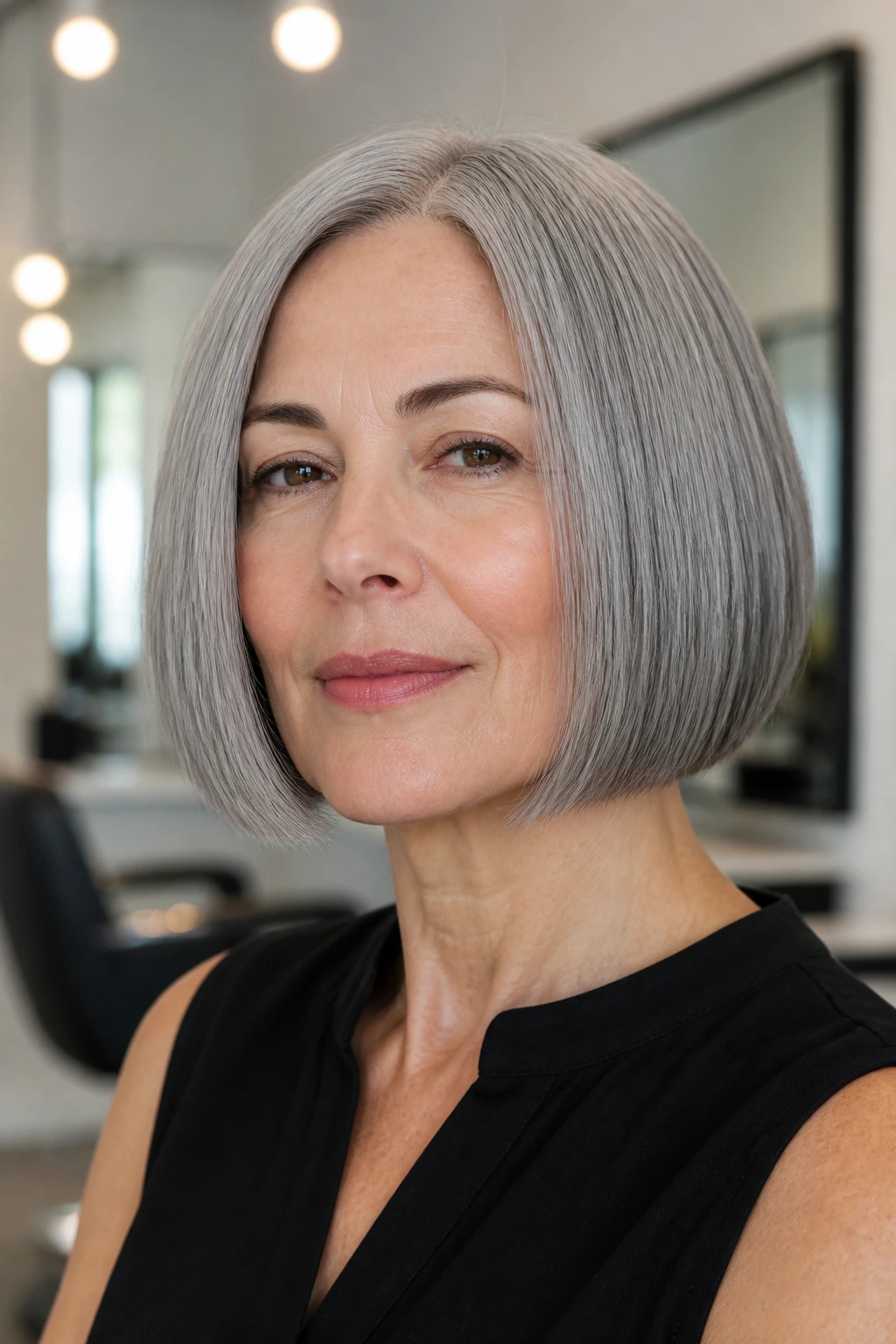 Portrait of a woman with a blunt chin-length gray bob in a bright salon