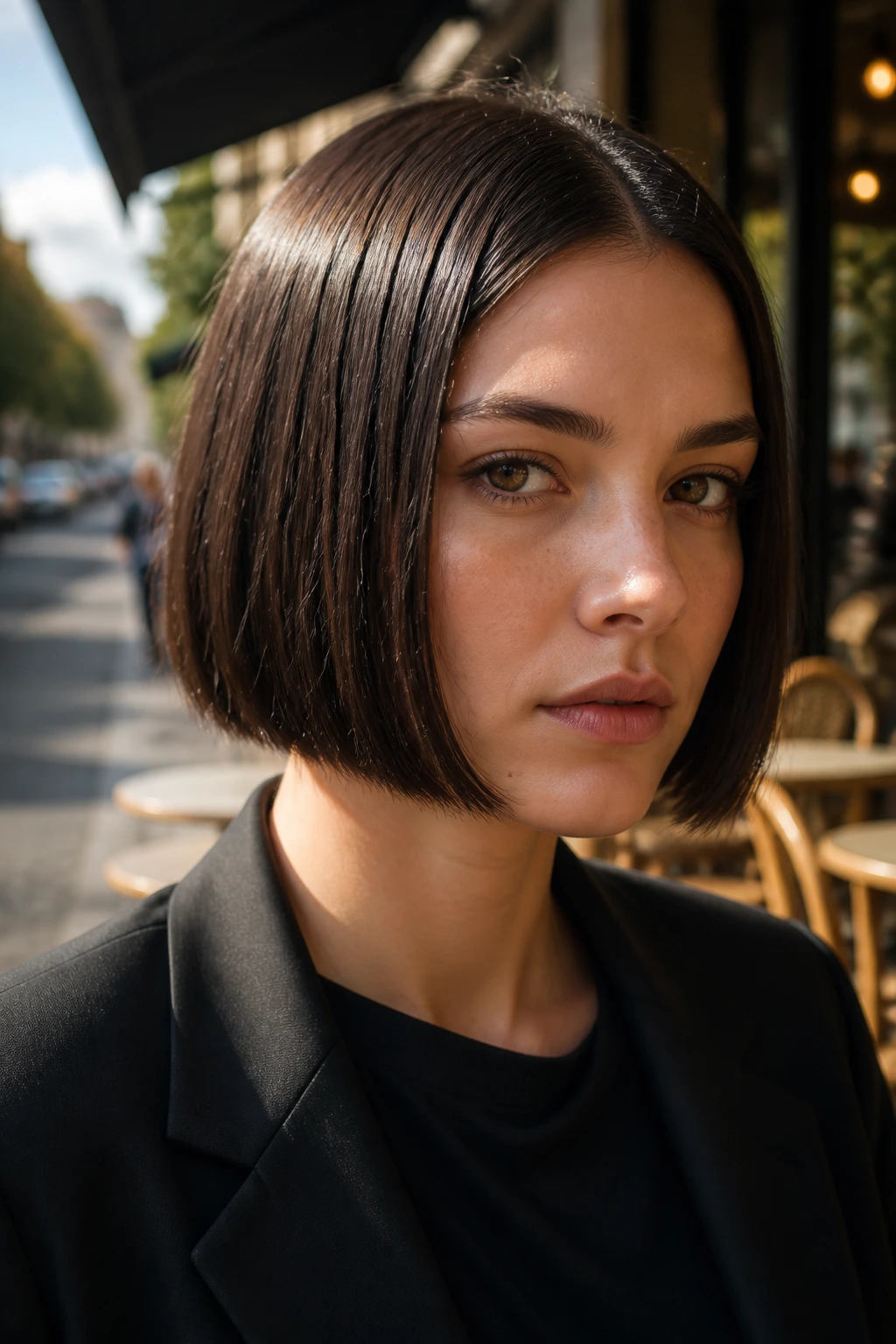 Close-up of a real woman with a blunt bob, strong, clean lines.