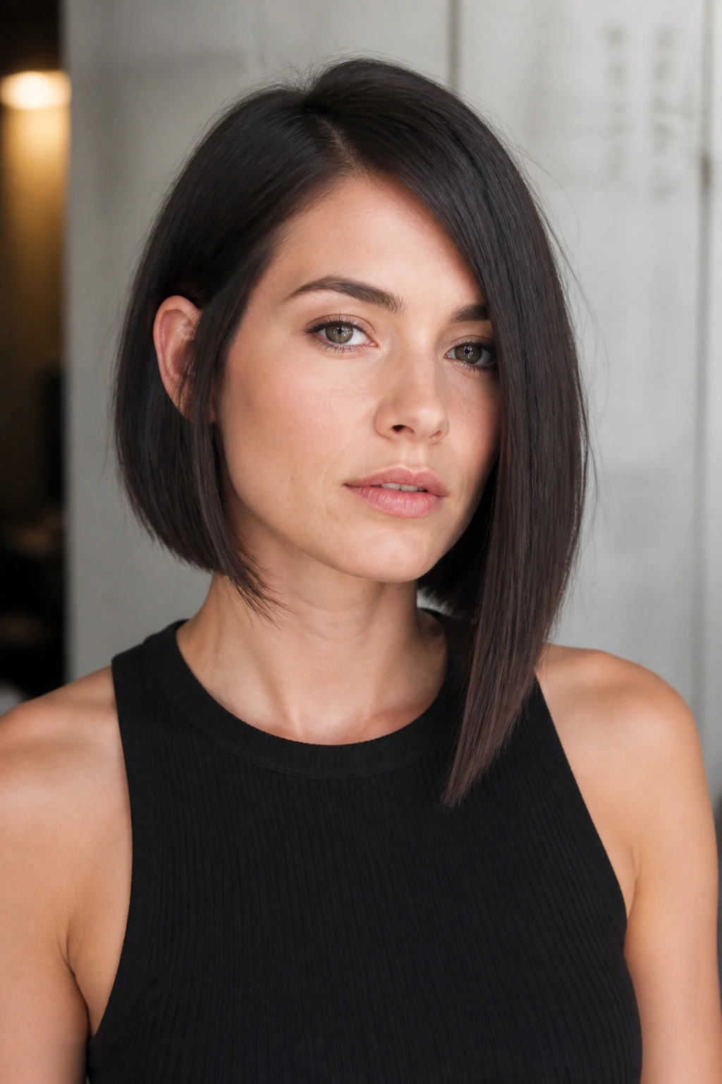 Real person wearing a blunt asymmetrical bob with crisp edges.